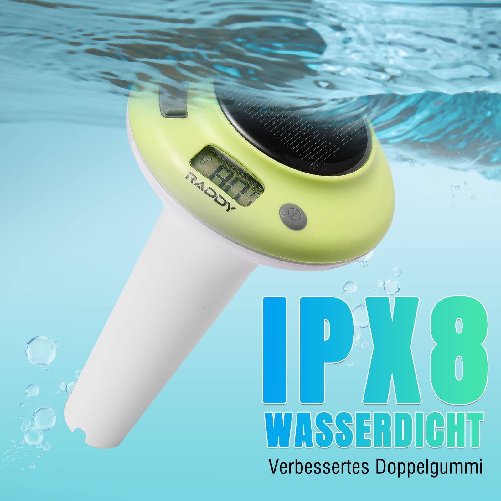 Raddy PT-5 WiFi Poolthermometer, Kabelloser Schwimmender Sensor mit Innenanzeige, App-Fernüberwachung, IPX8 Wasserdicht, Solar- und USB-C-Aufladung, für Pool, Whirlpool, Spa