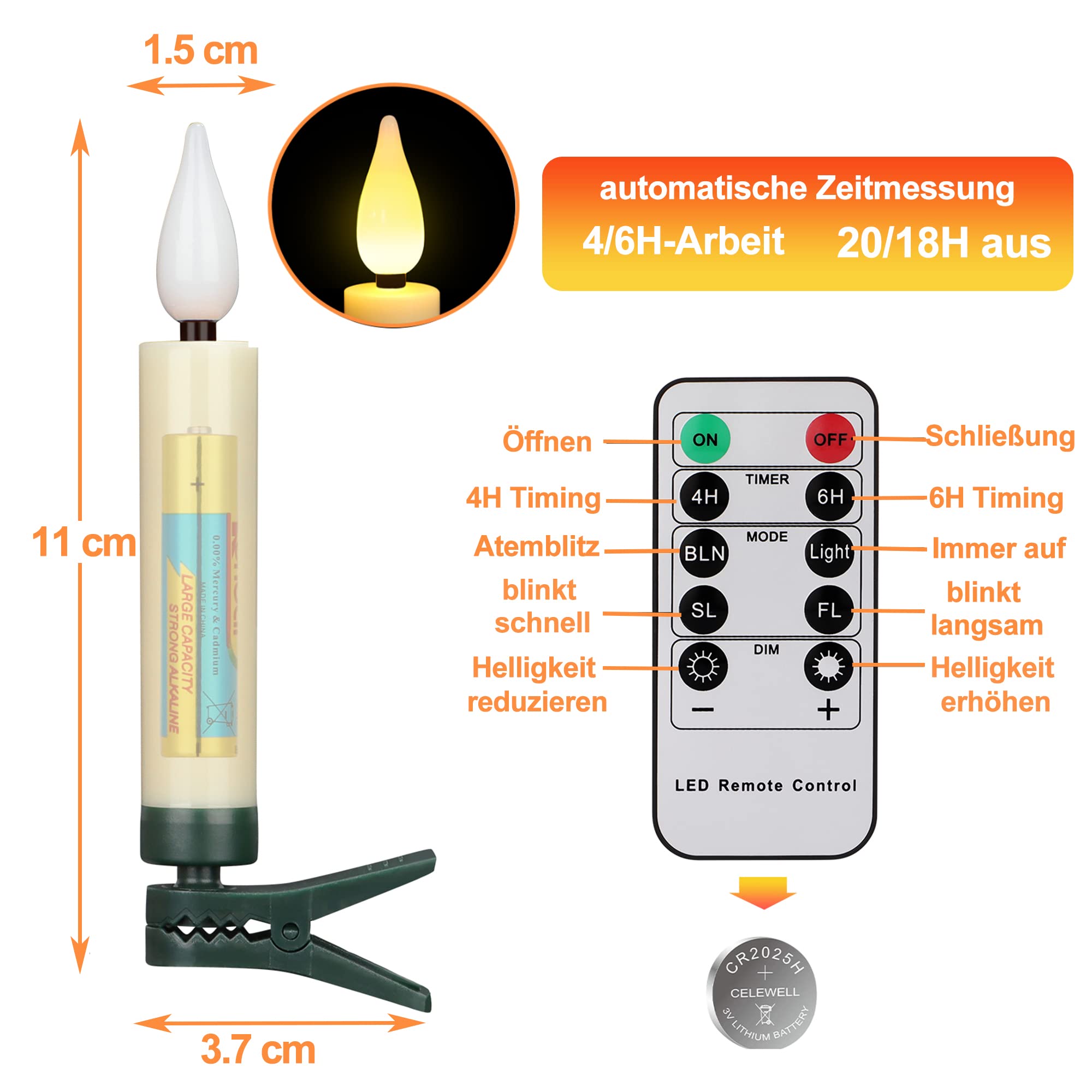 yunsheng 30 stk LED Weihnachtsbaumkerzen kabellos mit Fernbedienung Timer, Batteriebetriebene Flammenlose Flackern Weihnachtskerzen, Christbaumkerzen lichterkette, IP64, (Enthält 30 Batterien)