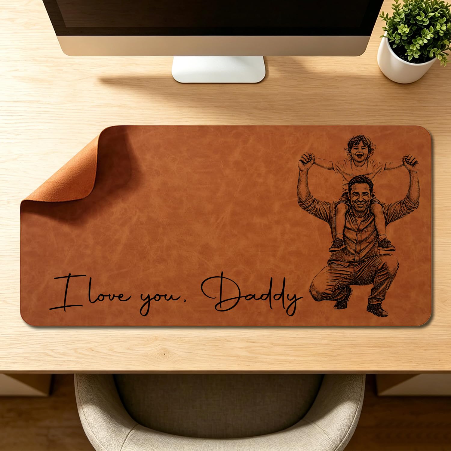 We Love You Dad Personalize Outline Line Photo Portrait Line Art Leather Desk Mat for Dad, Custom Outline Portrait from Photo Picture Fathers Day Leather Desk Mouse Mat for Daddy, Papa (Style 11)