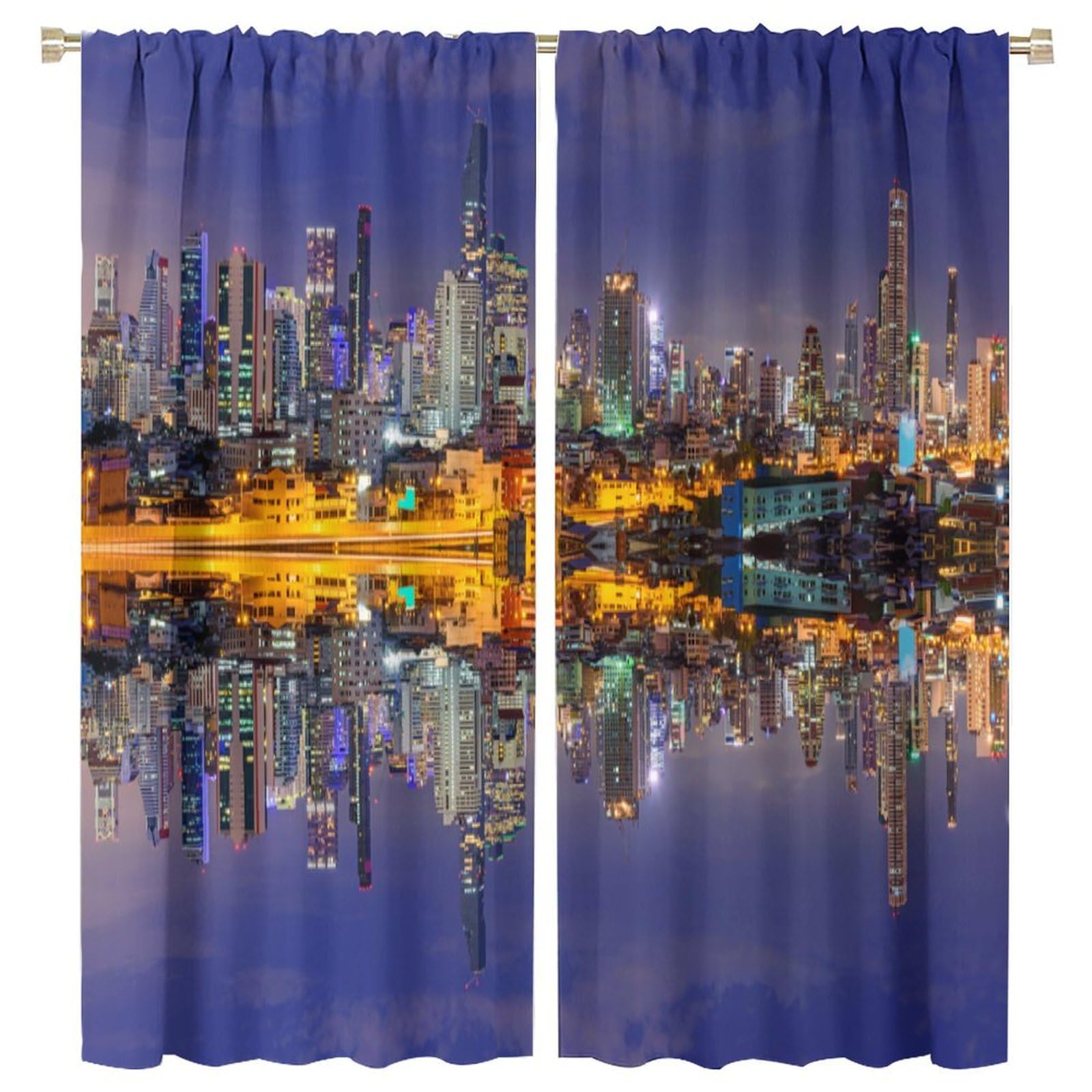 Landscape Curtains, Cityscape Scenery of New York City at Midnight USA Ocean Reflection Coast Photo Thermal Insulated Room Darkening Curtains for Living Room Bedroom Drapes 2 Panels 63x72in
