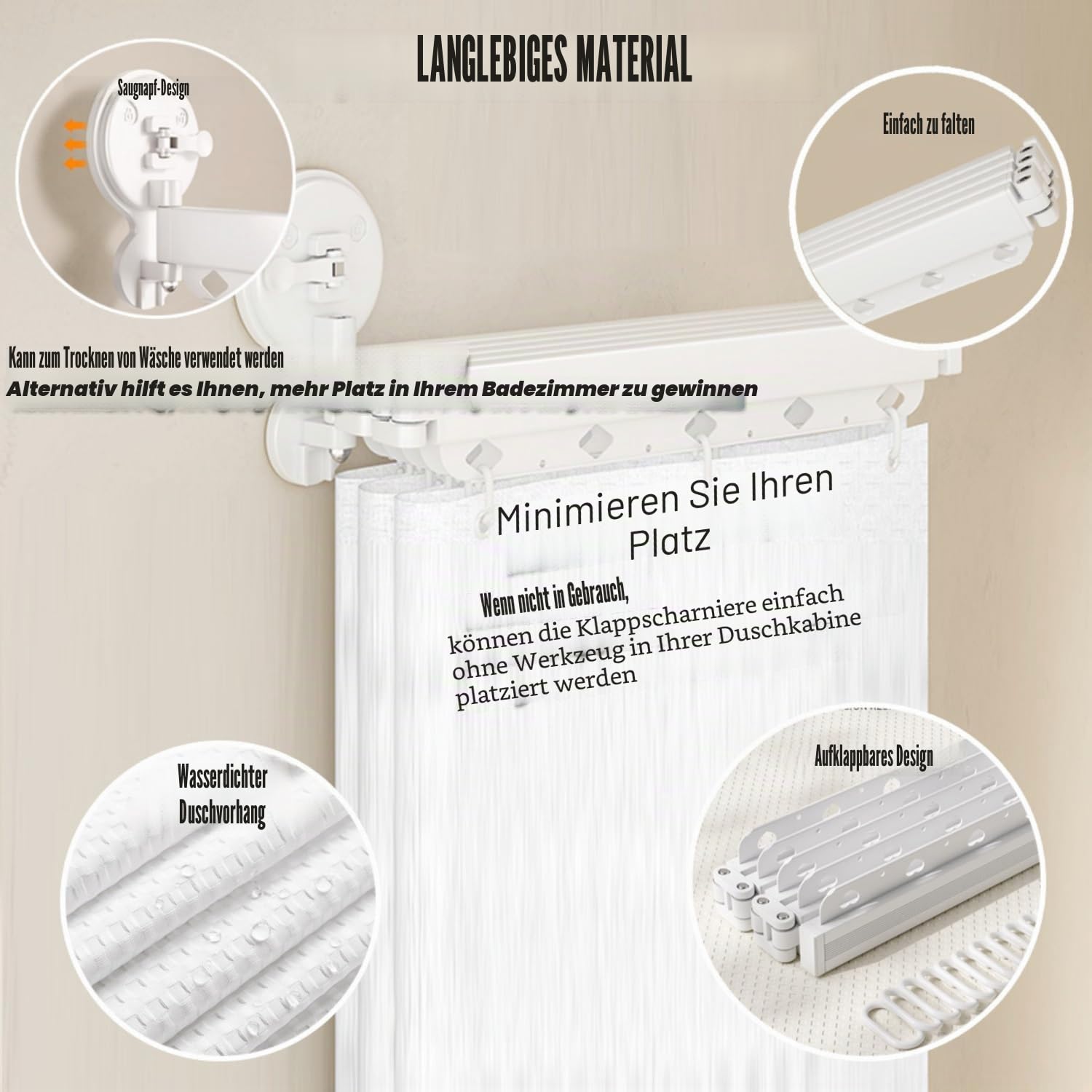 Faltbarer Duschvorhangstange mit Saugnapf, Ohne Bohren L/U Form Eckvorhangstangen Zur, Wasserdicht Schimmelresistent Duschvorhang für Badewanne(172+25cm)