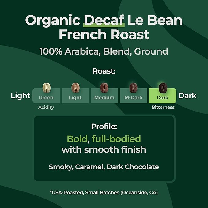 This coffee is organic, meaning it is grown without the use of synthetic pesticides or fertilizers, making it a more environmentally friendly and healthier option. The decaffeination process used is the water processed method, which is a natural and chemical-free way to remove caffeine from the beans while still maintaining the rich flavor and aroma of the coffee.