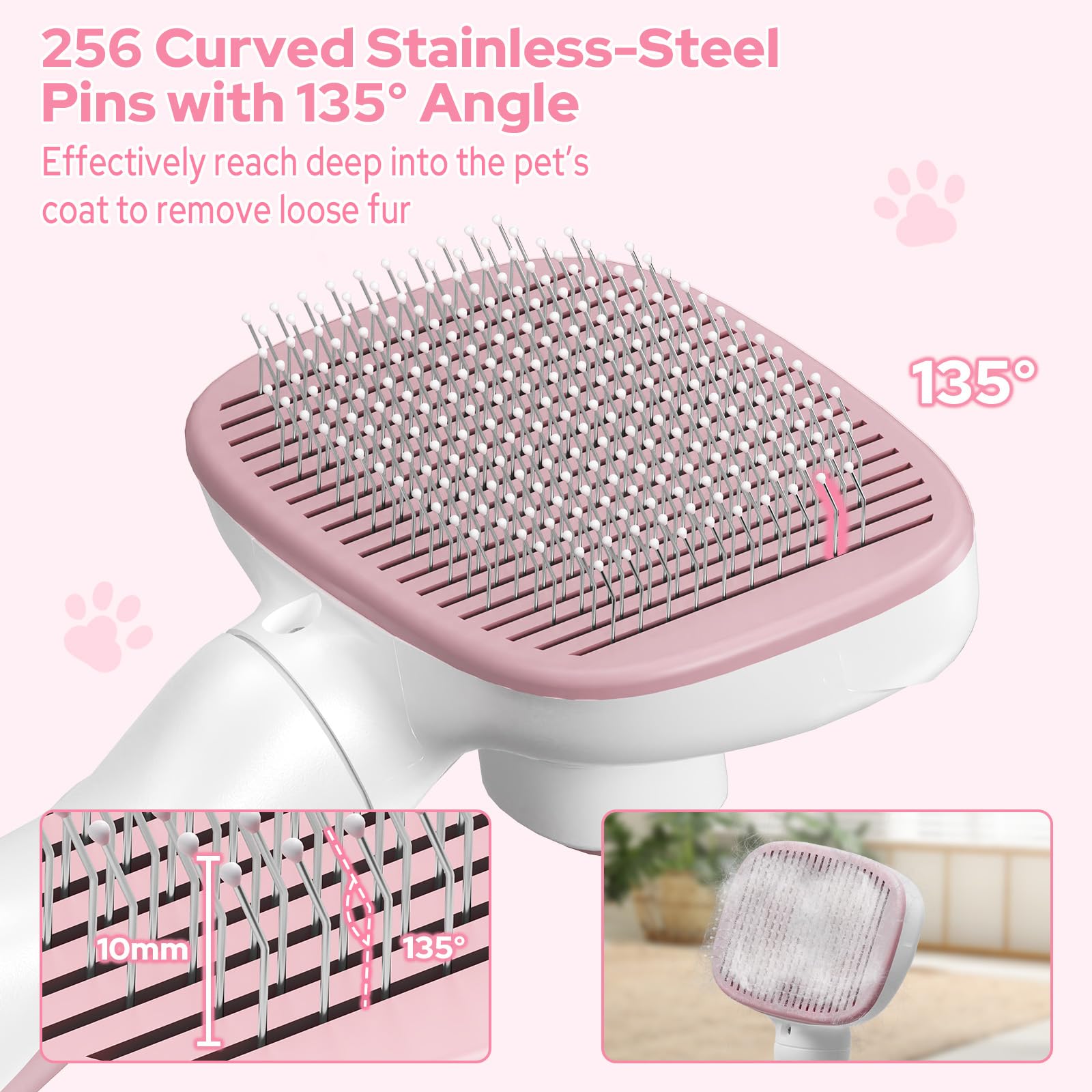 Zivacate Spazzola per Gatti, Autopulente per Animali Domestici, Nettoyage en Un Clic, Spazzola Cani, Manico Antiscivolo, Adatto a Cani e Gatti a Pelo Lungo, Medio e Corto - Rosa-Bianco