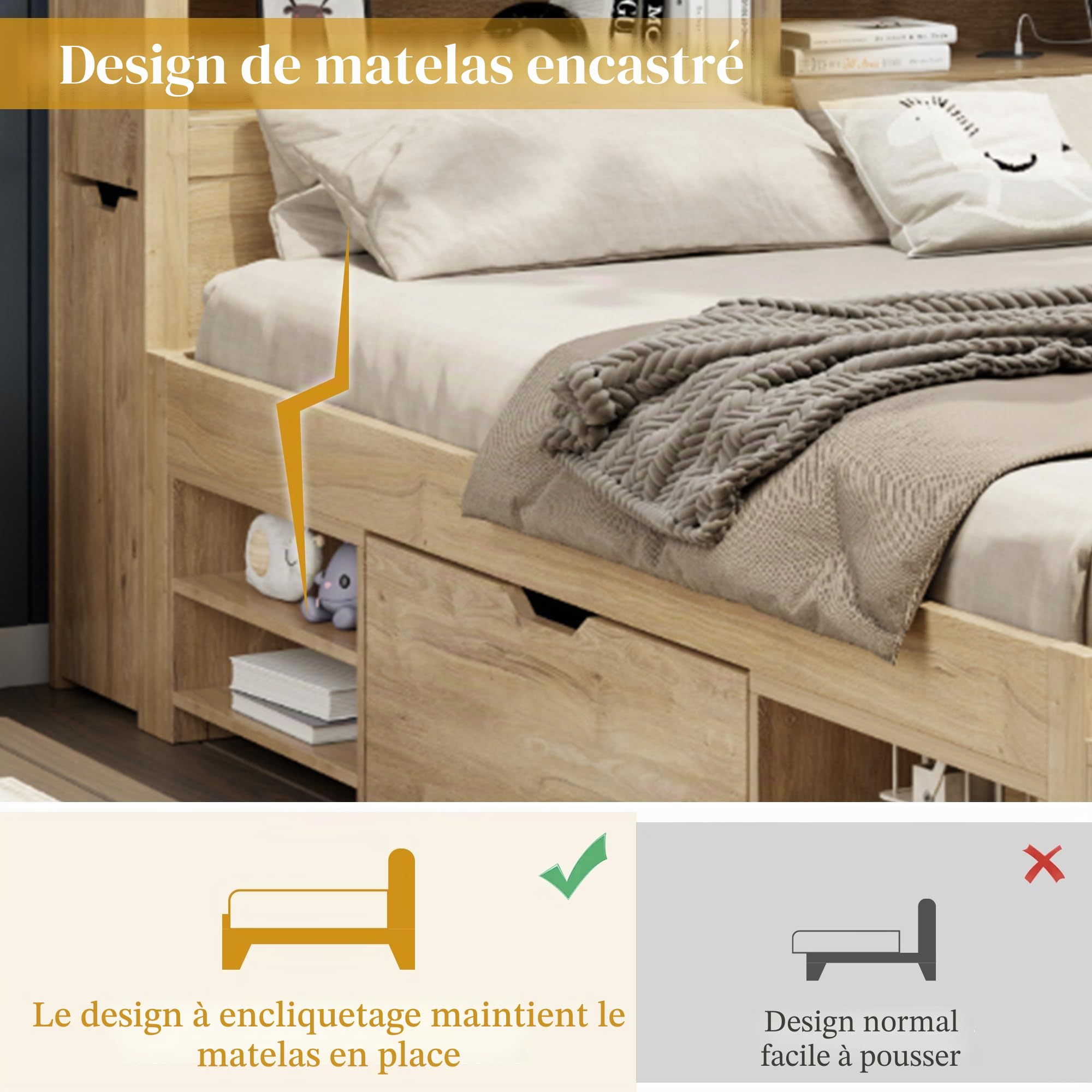 Sapgaks Lit Coffre en Bois Massif 140 x 200 cm,Lit Enfant Simple,Cadre de lit Enfant avec Rangement,Multifonctionnel avec Tables de Chevet, étagères et armoires de Rangement,avec Chargement sans Fil
