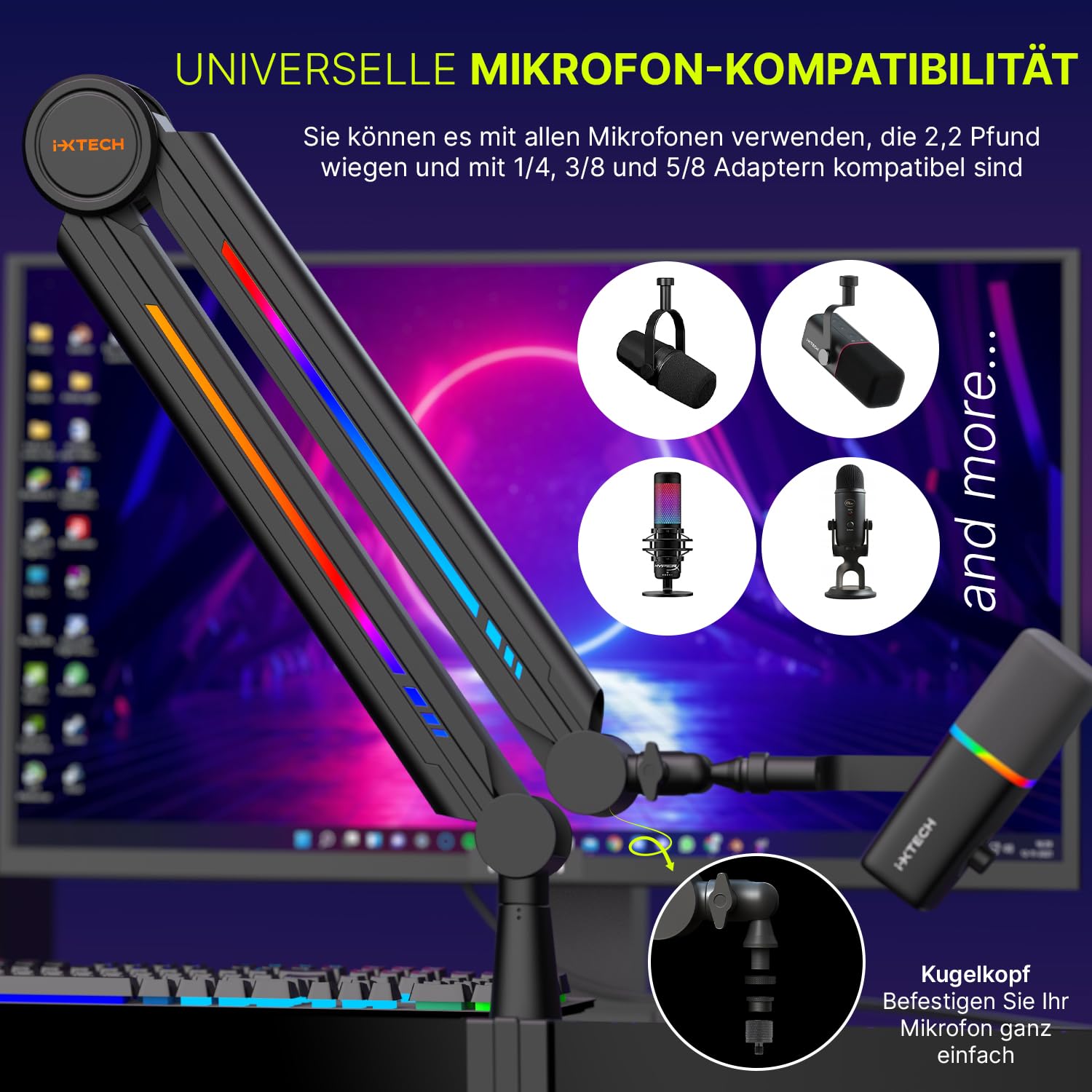 IXTECH RGB Mic Boom Arm High Profile, Overhead Boom Arm Mikrofonständer Schreibtischhalterung, verstellbarer Mikrofonständer mit Tischhalterung, Mikrofonarm für Live-Streaming, Gaming,