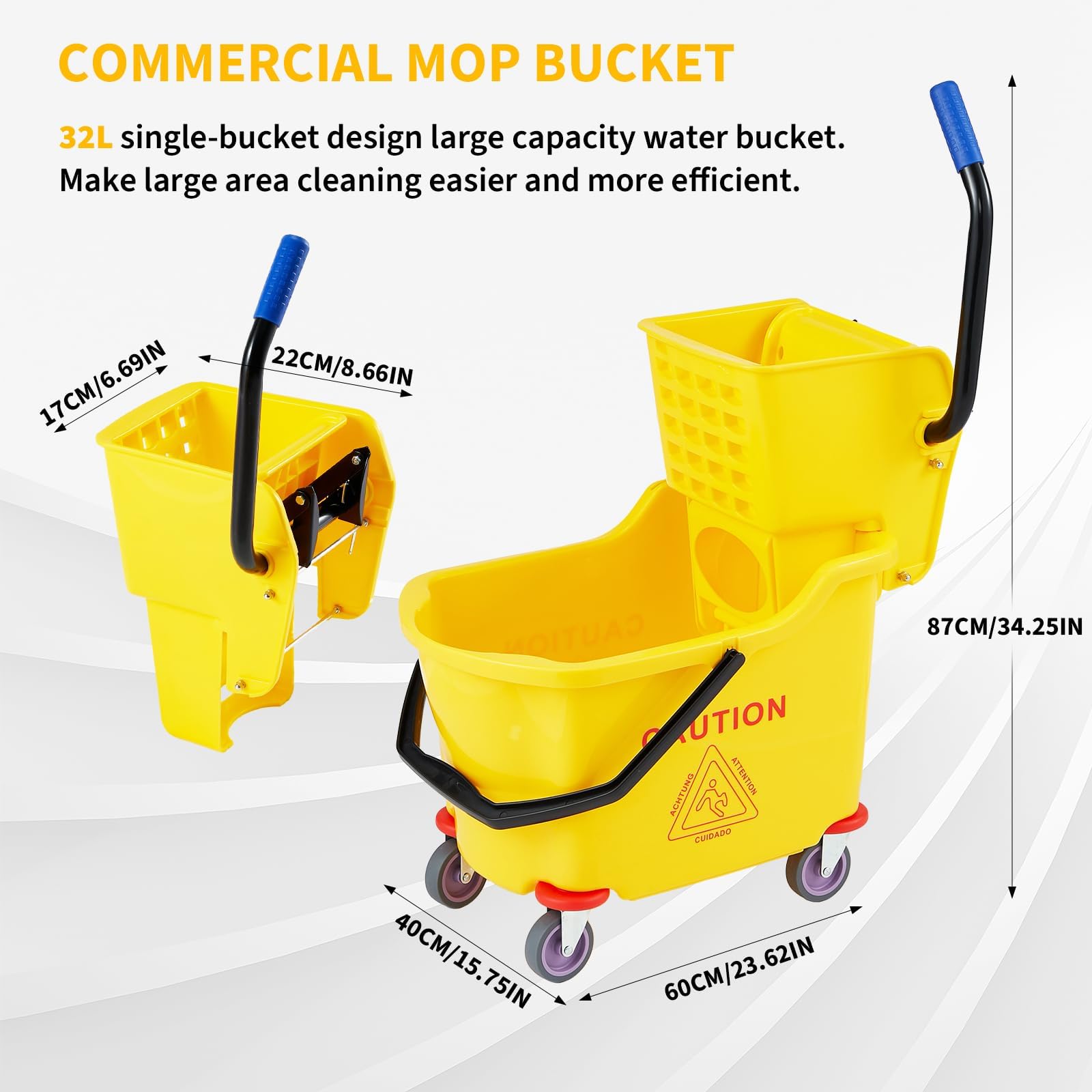 Carro de Menaje, Cubo de Menage 32L, Carro de Menaje Profesional para Escoba con Flecos Kentucky con Ruedas Durables y Escurridor Abajo