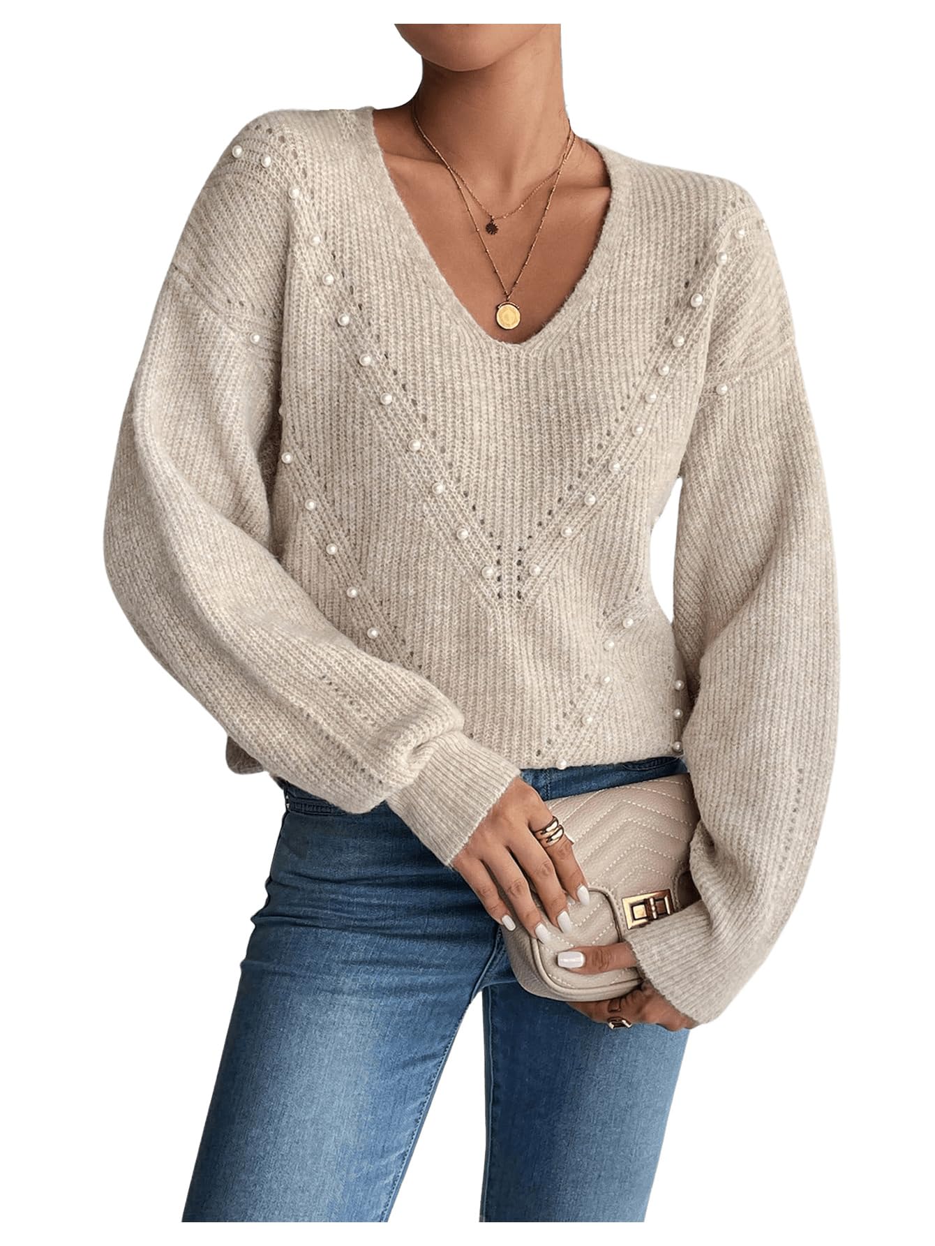 Womens Pearls Beaded Pullovers V Neck Drop Shoulder Loose Sweater Top