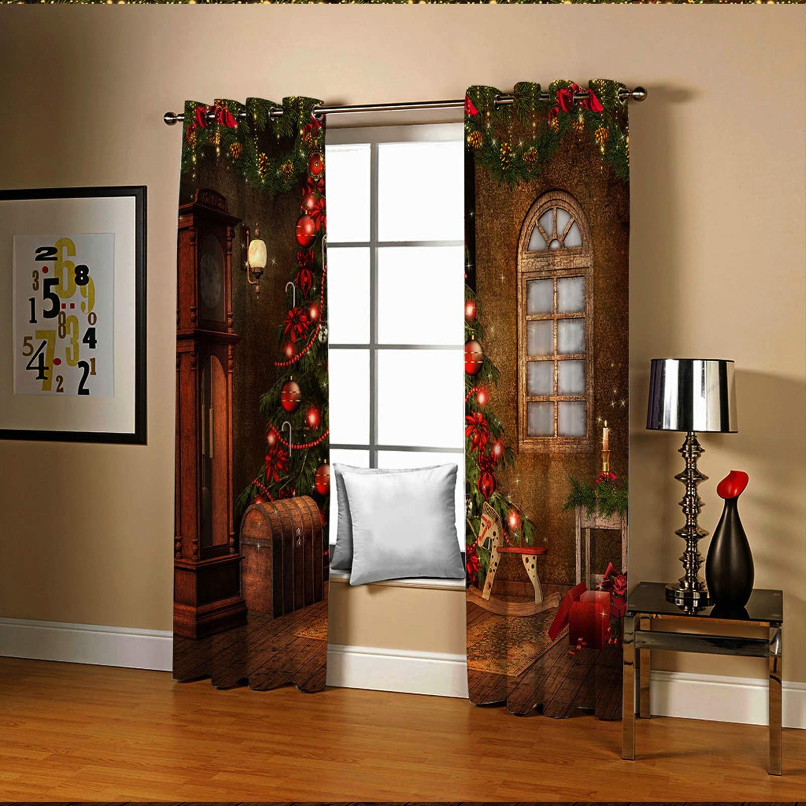 Aeici Zestaw zasłon okiennych 2 panele, dekoracja świąteczna pudełko na choinkę brązowe zielone czerwone zasłony zaciemniające 264 x 244 cm