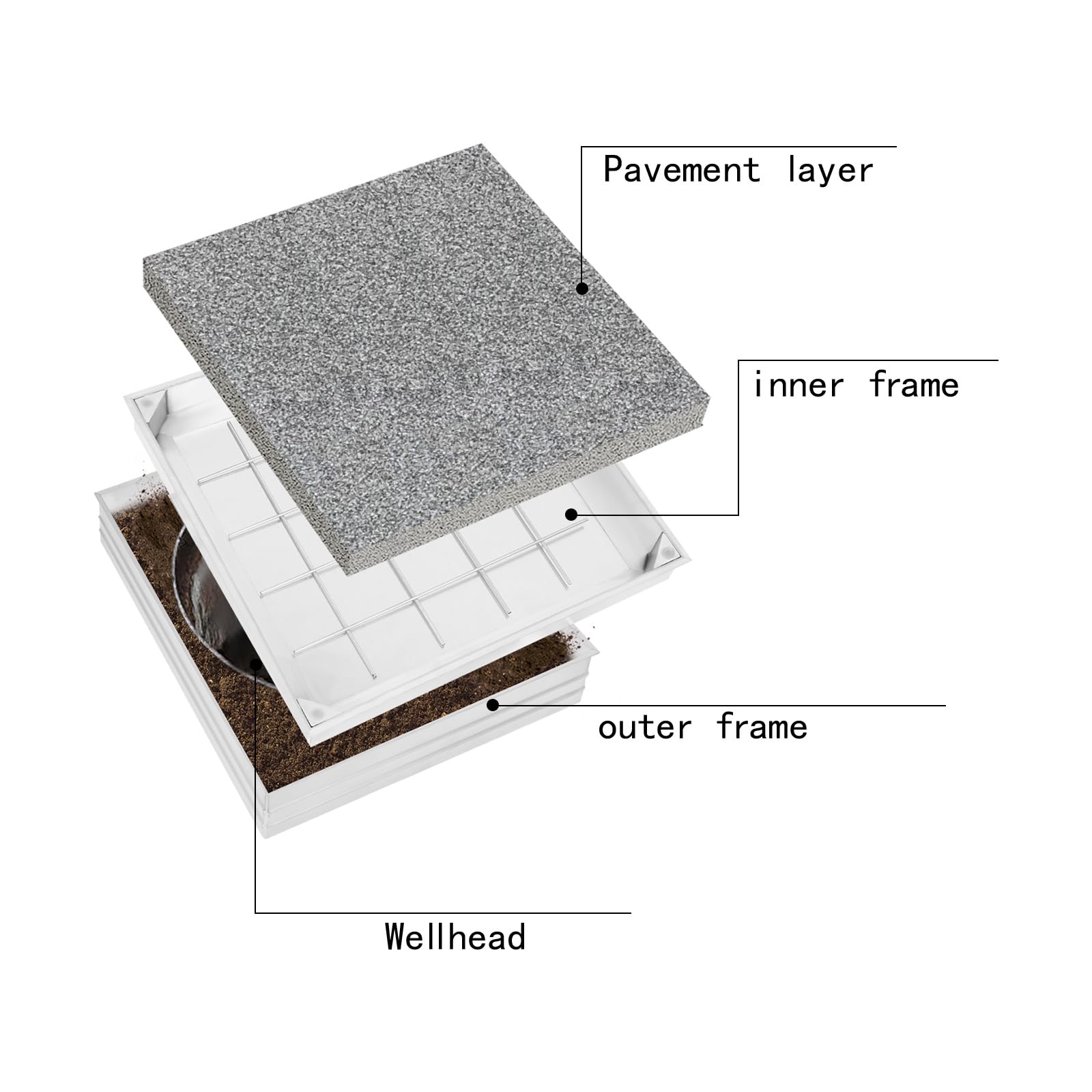 Manhole - Cubierta para alcantarilla (40 x 40 x 5,5 cm, aluminio, para jardines, aceras, plata)