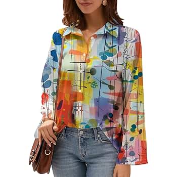 Womens Colorful Abstract Print Button Down Shirt Long Sleeve