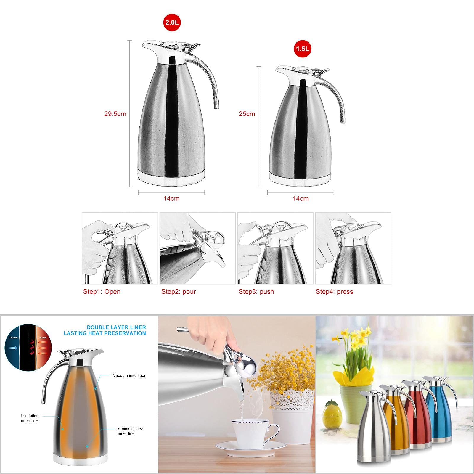 lyrlody Caraffa Termica per caffè in Acciaio Inossidabile con Coperchio/Termo Sottovuoto a Doppia Parete/ritenzione del Calore per 12 Ore 1,5-2 Litri(2L-d'Argento)