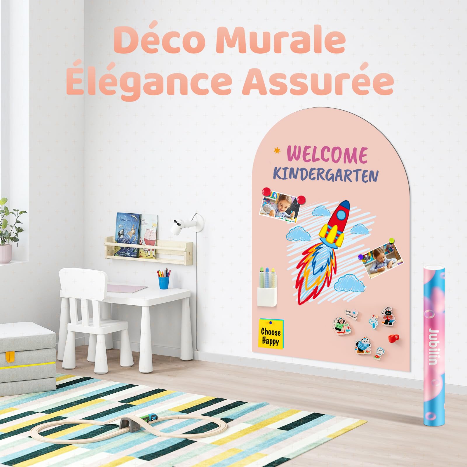 Tableau noir magnétique pour enfants, 120 x 60 cm tableau mural magnétique arqué couleur camel, incluant 12 craies, 1 chiffon de nettoyage, 6 porte-craies, 1 boîte de rangement