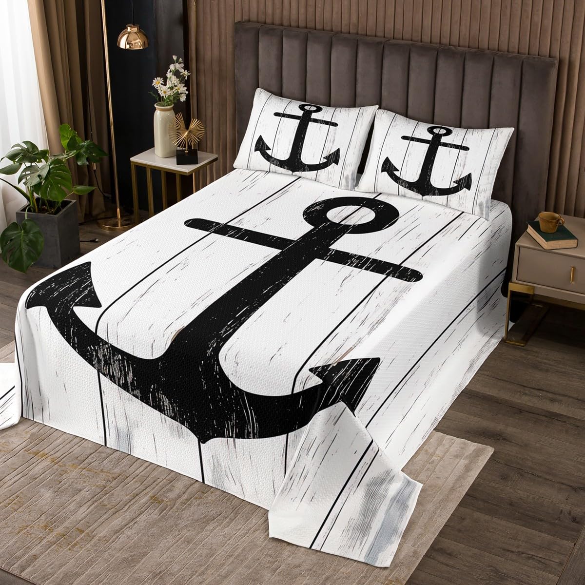 Erosebridal Anchor Coverlet Set Grunge Marine Ornament Bedspread for Kids Child,Weathered Rustic Wooden Planks Bedding Set Nautical Theme Print Quilt Set Balck and White Vintage Graphic Queen Size