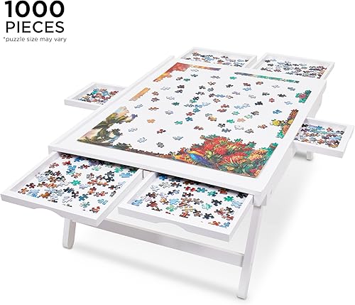 Miniatura 2 de Jumbl Estante de rompecabezas de 1000 piezas con paspartú  Mesa de rompecabezas de madera de 23 x 31 pulgadas con 6 cajones de almacenamiento y