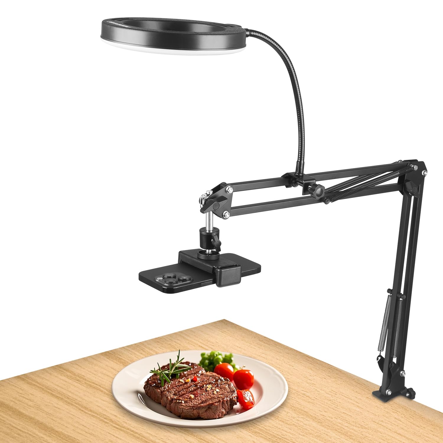 Luce ad anello LED da 15,2 cm per scrivania, supporto per fotocamera con anello luminoso e supporto per telefono, supporto per telefono con luci da studio per fotografia, registrazione