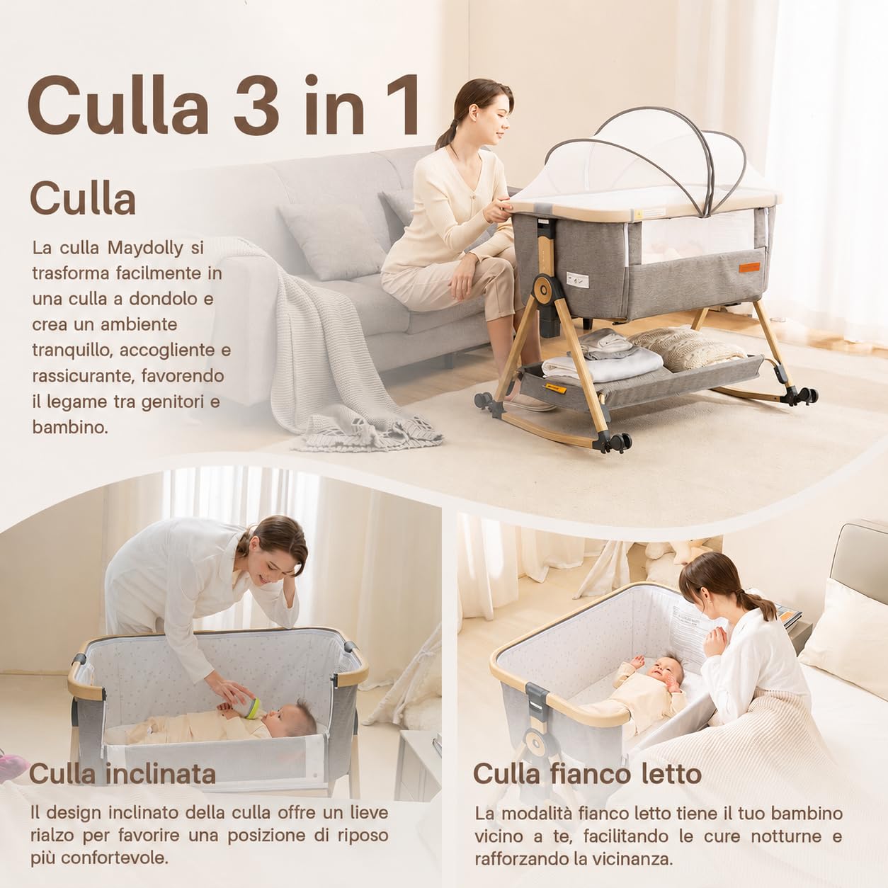 Maydolly Beistellbett 3 in 1 Lettino Portatile per Bambini con Rete Traspirante e Lenzuolo, Carrozzina Regolabile Lettino. (grigio)