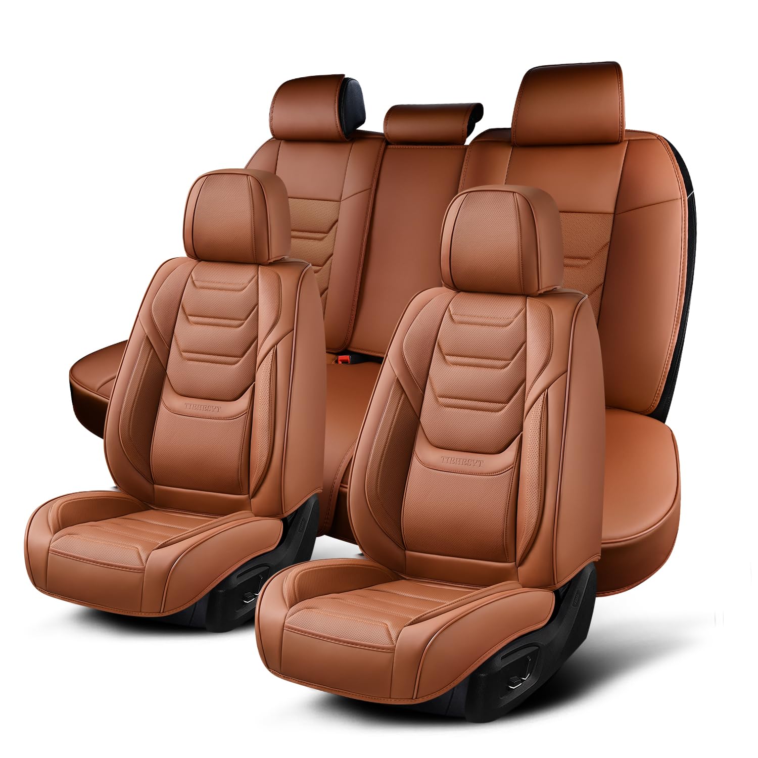 Photo 1 of TIEHESYT Car Seat Covers Full Set, Breathable Leather Automotive Front and Rear Seat Covers, Car Seat Protectors Full Set, Compatible with Most Vehicles, SUV (Brown, Front Pair and Rear)