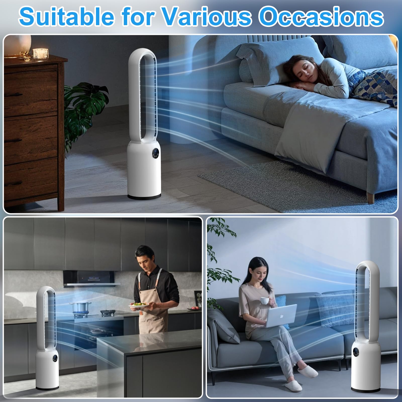 Ventilatore Senza Pale,Ventilatori a Torre Silenzioso 24 Velocità, Timer 12 Ore, Oscillazione 90°, Display LED e Telecomando, Portatile per Camera da Letto, Casa e Ufficio