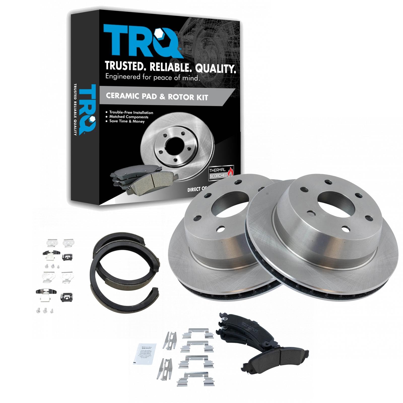 TRQ Rear Brake Rotor &amp; Premium Posi Ceramic Pads with Parking Shoes for GM Truck