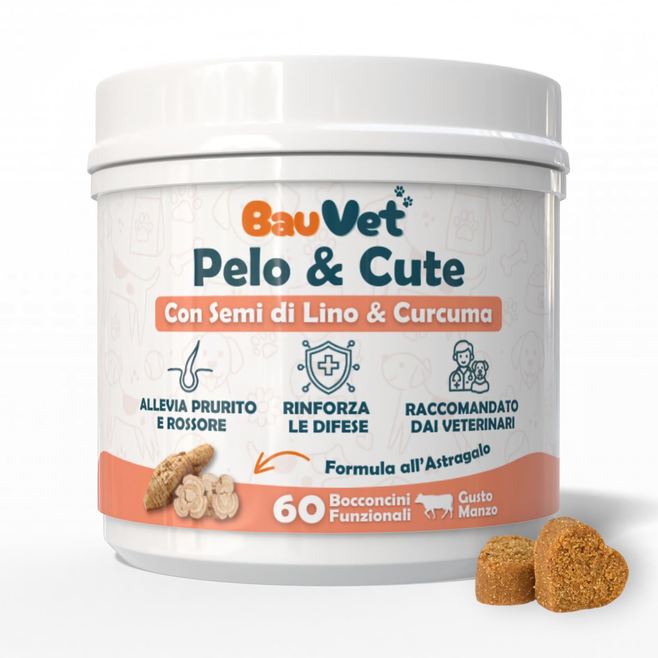 Pelo & Cute per Cani | Integratore Naturale con Semi di Lino, Curcuma e Astragalo | Supporto Cute Sana, Pelo Lucente e Difese Naturali | 60 Bocconcini Gusto Manzo