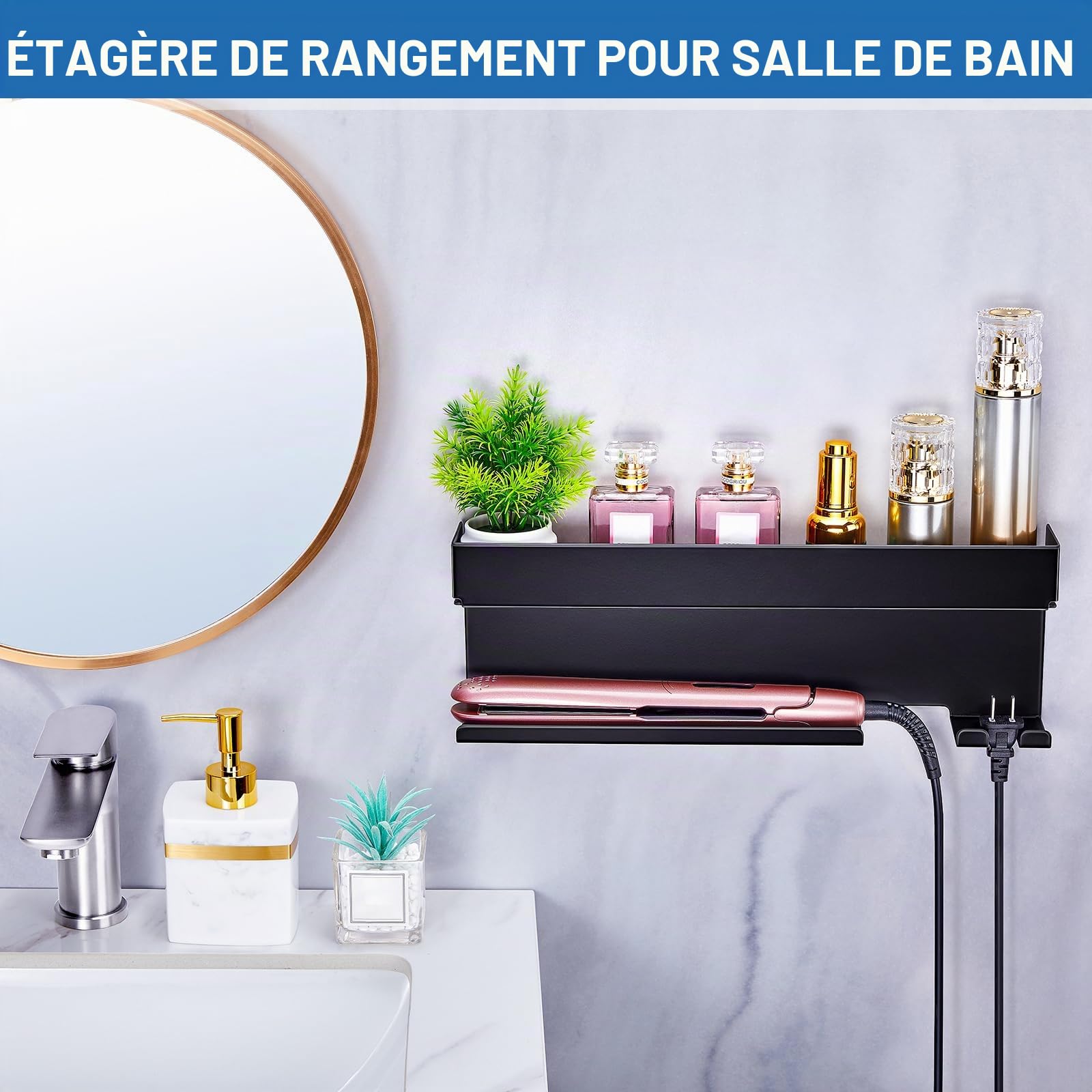 Porte Seche Cheveux Sans Percage, Le Stent De Sèche-Cheveux, Convient Outils Et Accessoires Pour Cheveux, Support Seche Cheveux Applicable à La Salle De Bain, Salon De Coiffure (Noir)