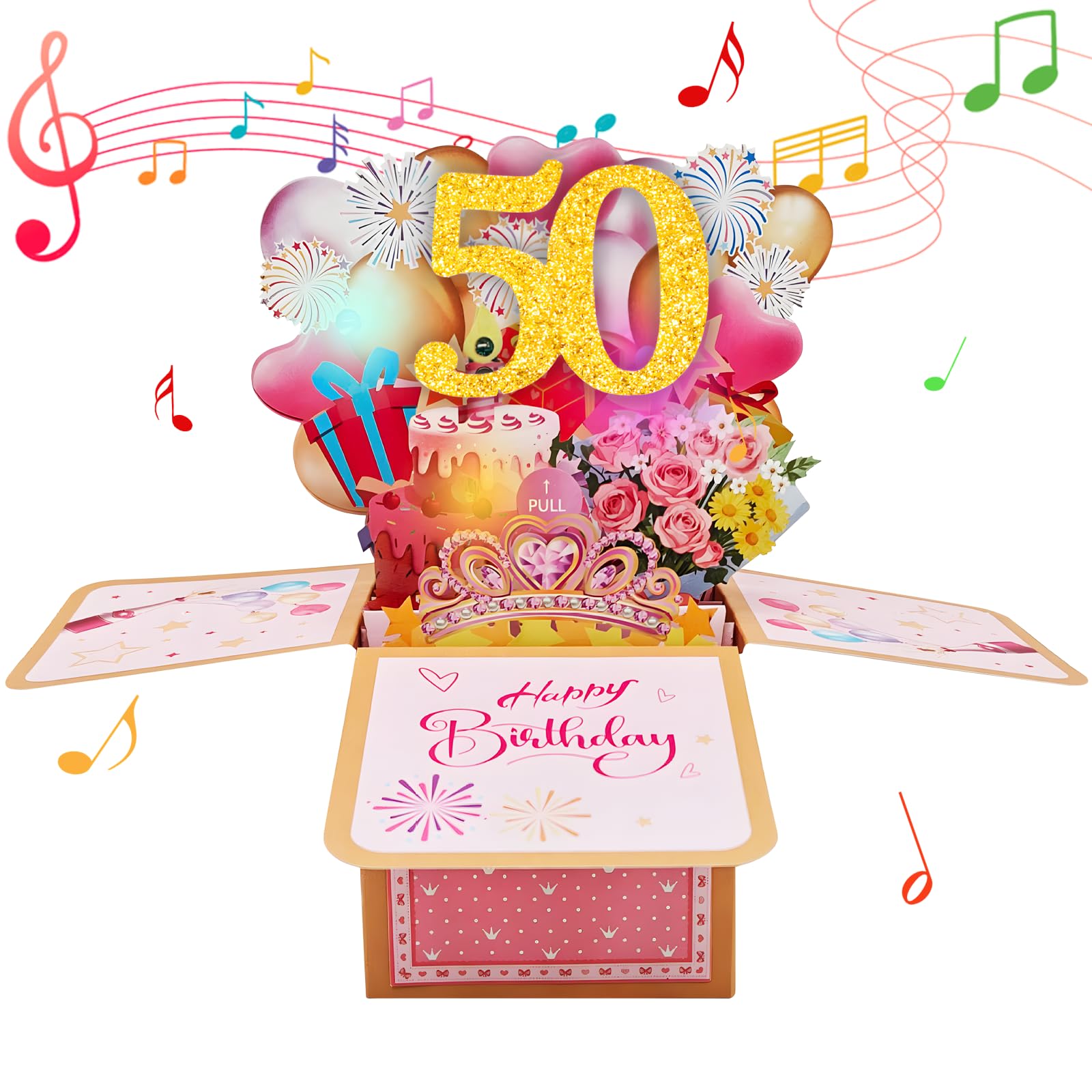 50th 3D Birthday Card with Music, Lights & Blow-Out Candles, Pop Up Happy Birthday Card, 3D Greeting Cards for Girls, Female and Adult, Keepsake Gift for Her