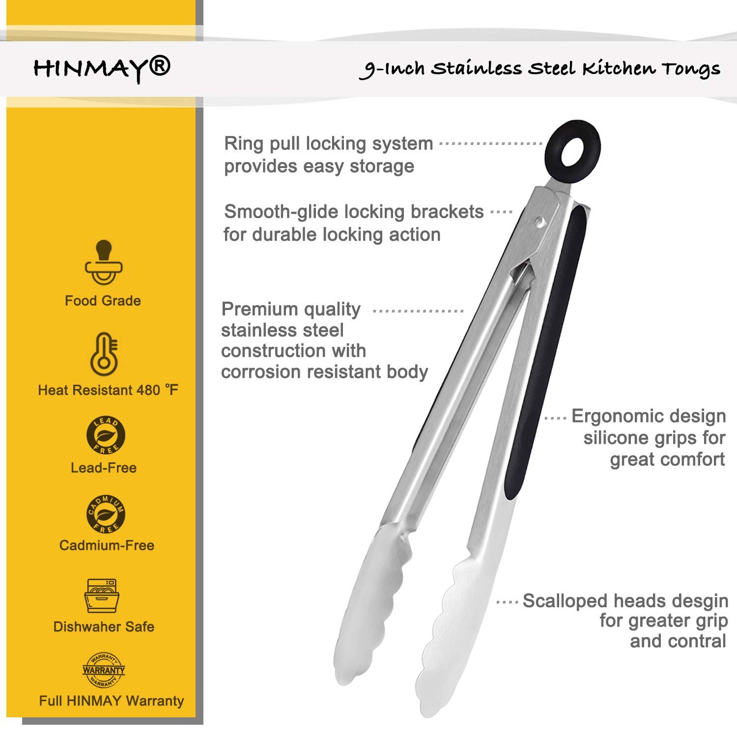 HINMAY Pinzas de cocina de acero inoxidable de 9 pulgadas, juego de 3
