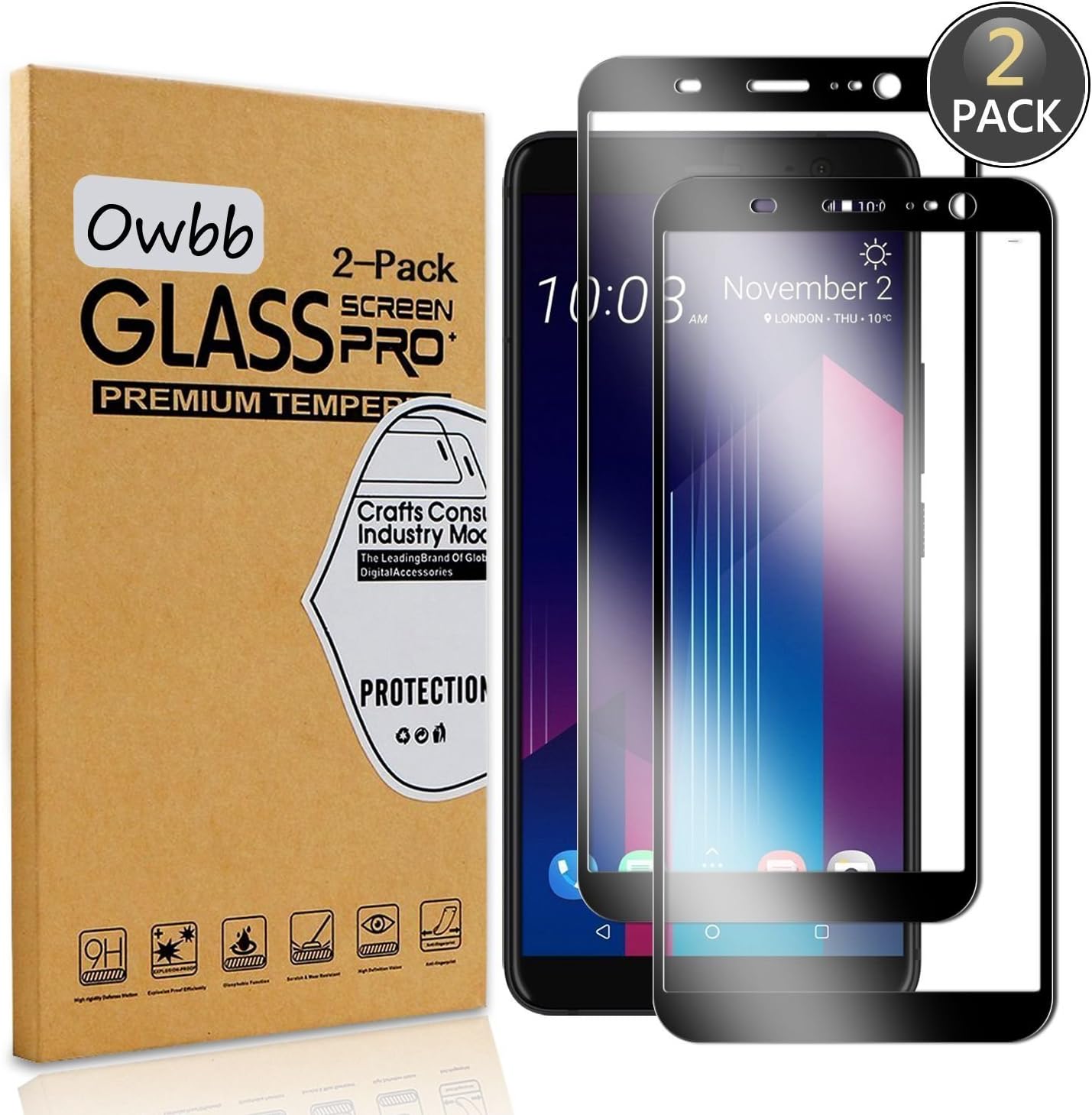 Owbb [2 Pack] Tempered Glass Screen Protector For HTC U11+ / U11 Plus Black Full Coverage Film 99% Hardness High Transparent Explosion-proof