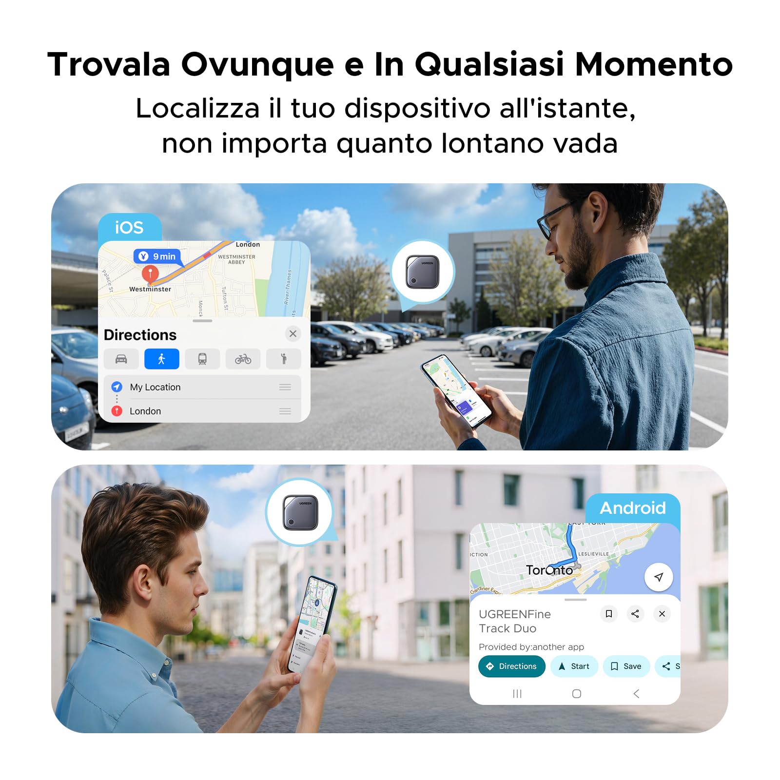 UGREEN FineTrack Duo Supporto iOS Find My o Android Find Hub Smart Finder Ricarica USB-C Localizzatore SmartTag Tracker Bluetooth per Chiavi Bagaglio Portafoglio Bicicletta Zaino Borsa (4 pezzi)