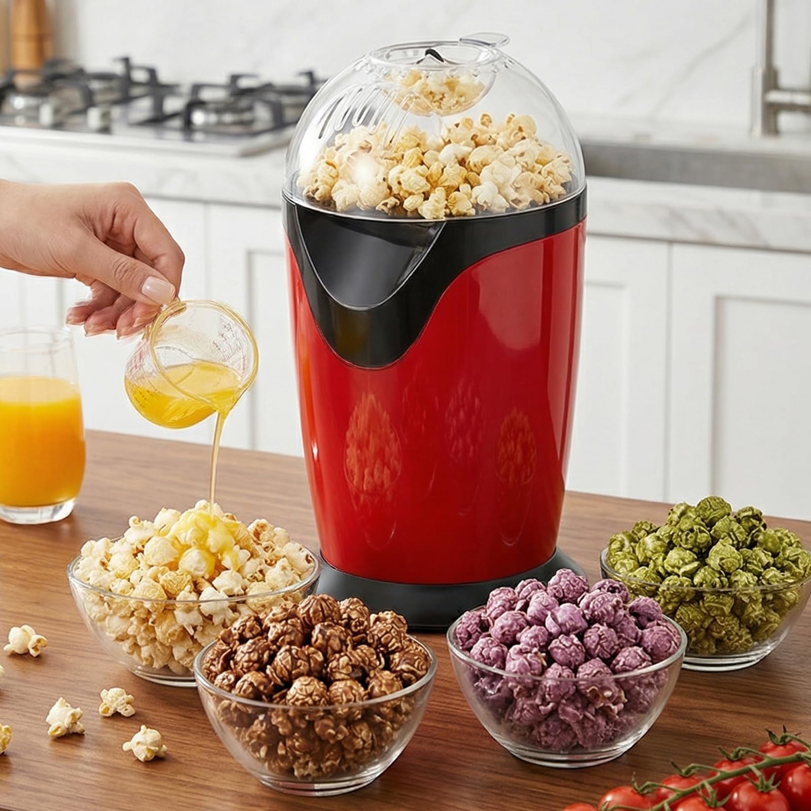 Macchina per popcorn, 1200 W, 2,5 l, per popcorn ad aria calda, senza olio, 3 minuti, popcorn elettrici, per serate di calcio, serate cinema, feste di famiglia e feste