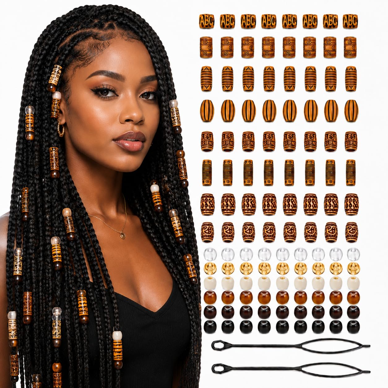 126 Pcs Hair Beads, Hair Beads for Braids for Adults, Dreadlock Accessories, Wooden Hair Beads with 2 Hair Threaders, Versatile Hair Decorations for Festivals and Special Occasions