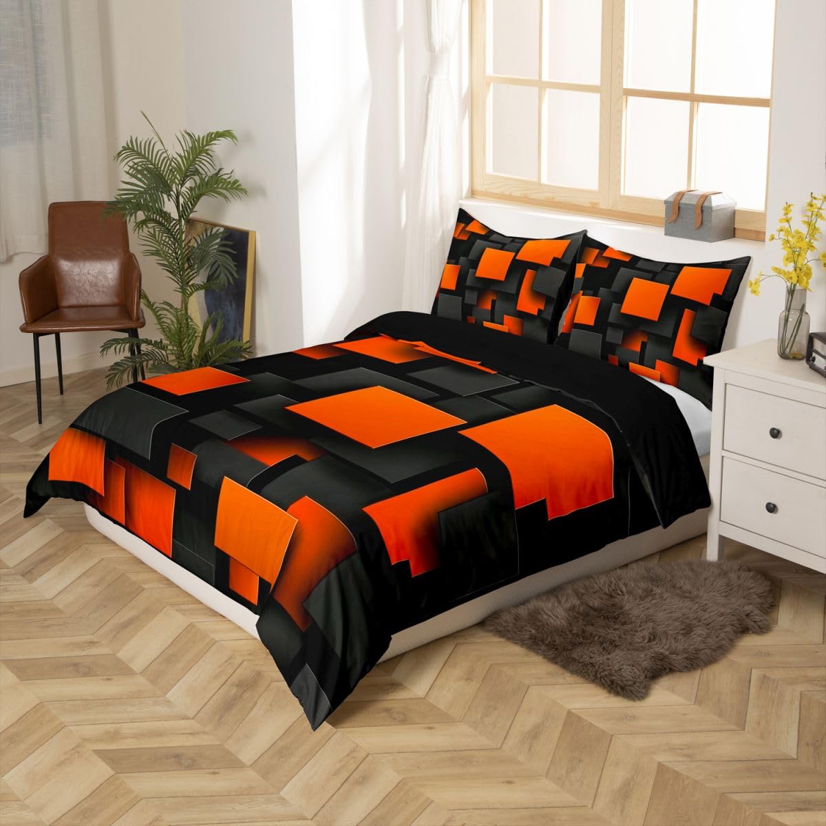Homewish Nowoczesne geometryczne sześcienne kwadratowe zestawy pościeli 3D Cube King dla nastolatków chłopców dziewcząt | czarna pomarańczowa poszewka na kołdrę prostokątny blok abstrakcyjna poszewka