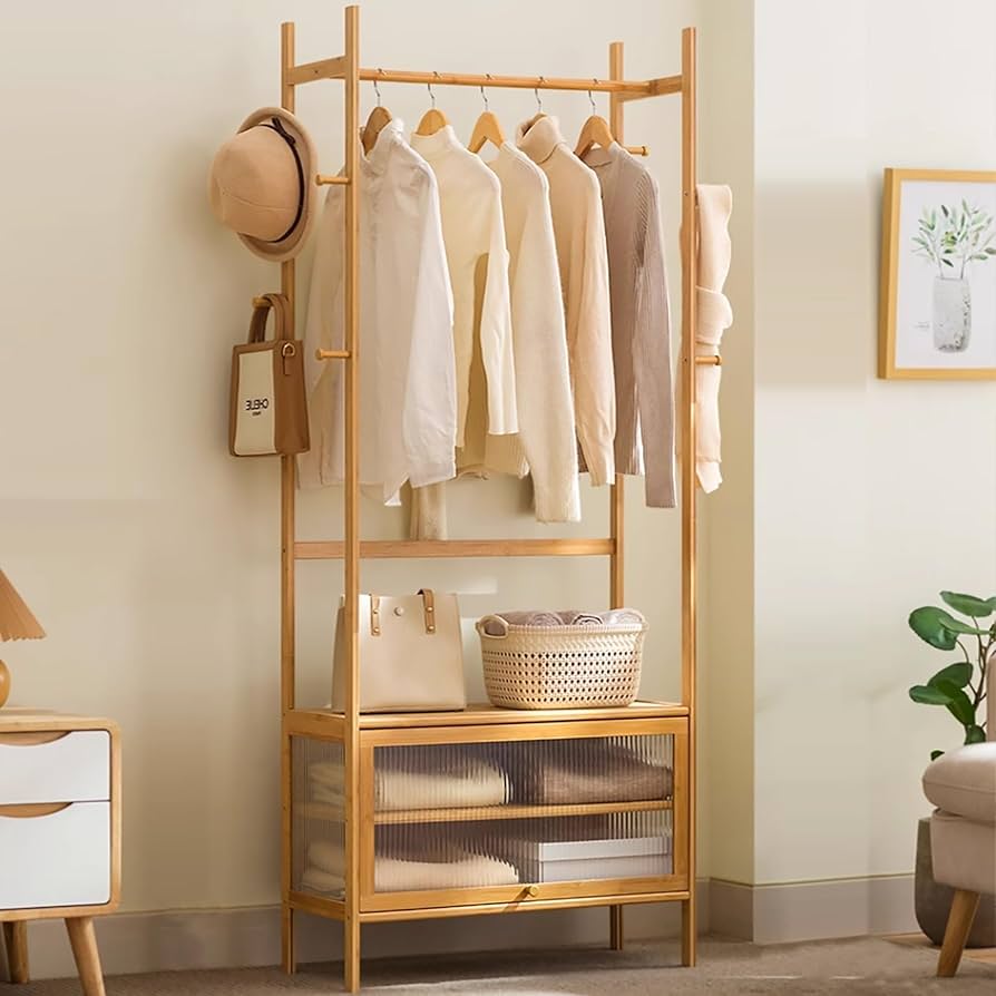 ✨セール中✨ ハンガーラック 天然竹製 衣類収納棚 洋服ラック Amazon｜竹製 ワードローブ 扉付き クローゼット ハンガーラック