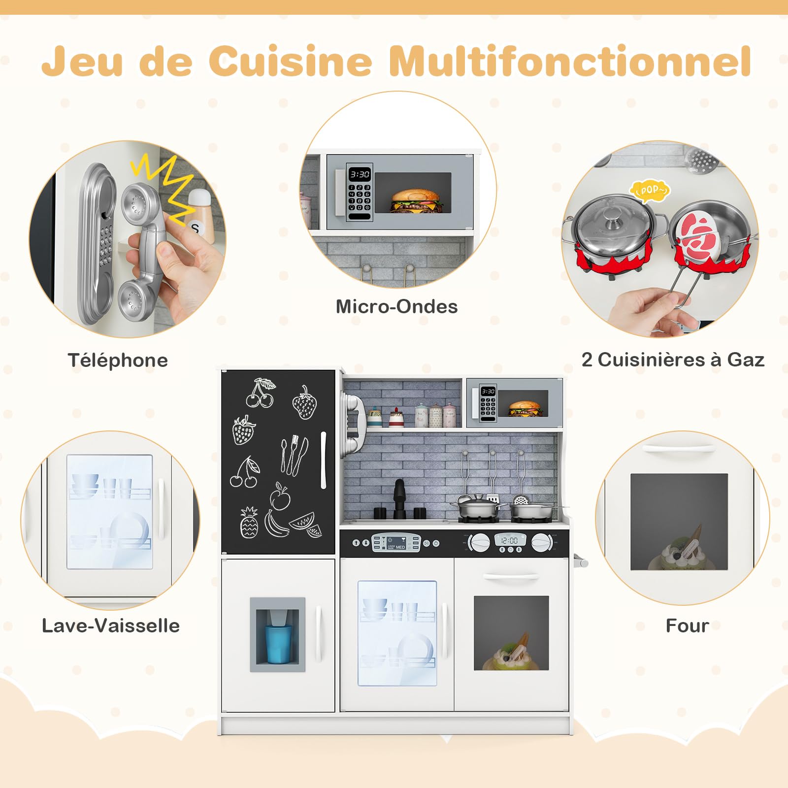 COSTWAY Cuisine Enfants en Bois avec Tableau Noir & Téléphone, Jeu de Cuisine Enfants avec Micro-Ondes & Machine de Glaçons, Jeu d’Imitation pour Enfants de 3-6 Ans, 82 x 24 x 80 cm (Beige)