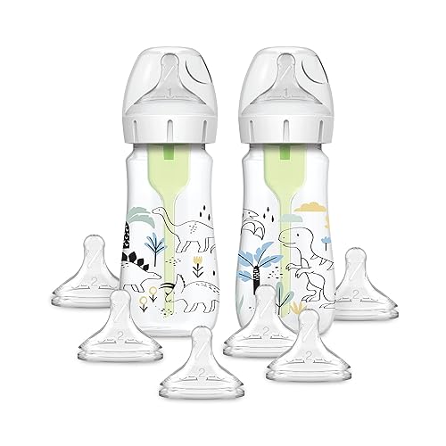 Dr. Brown's Natural Flow - Biberones anticólicos Options+ de cuello ancho, edición de diseñador, decoración de dinosaurios, 9 oz9.1fl oz, boquilla