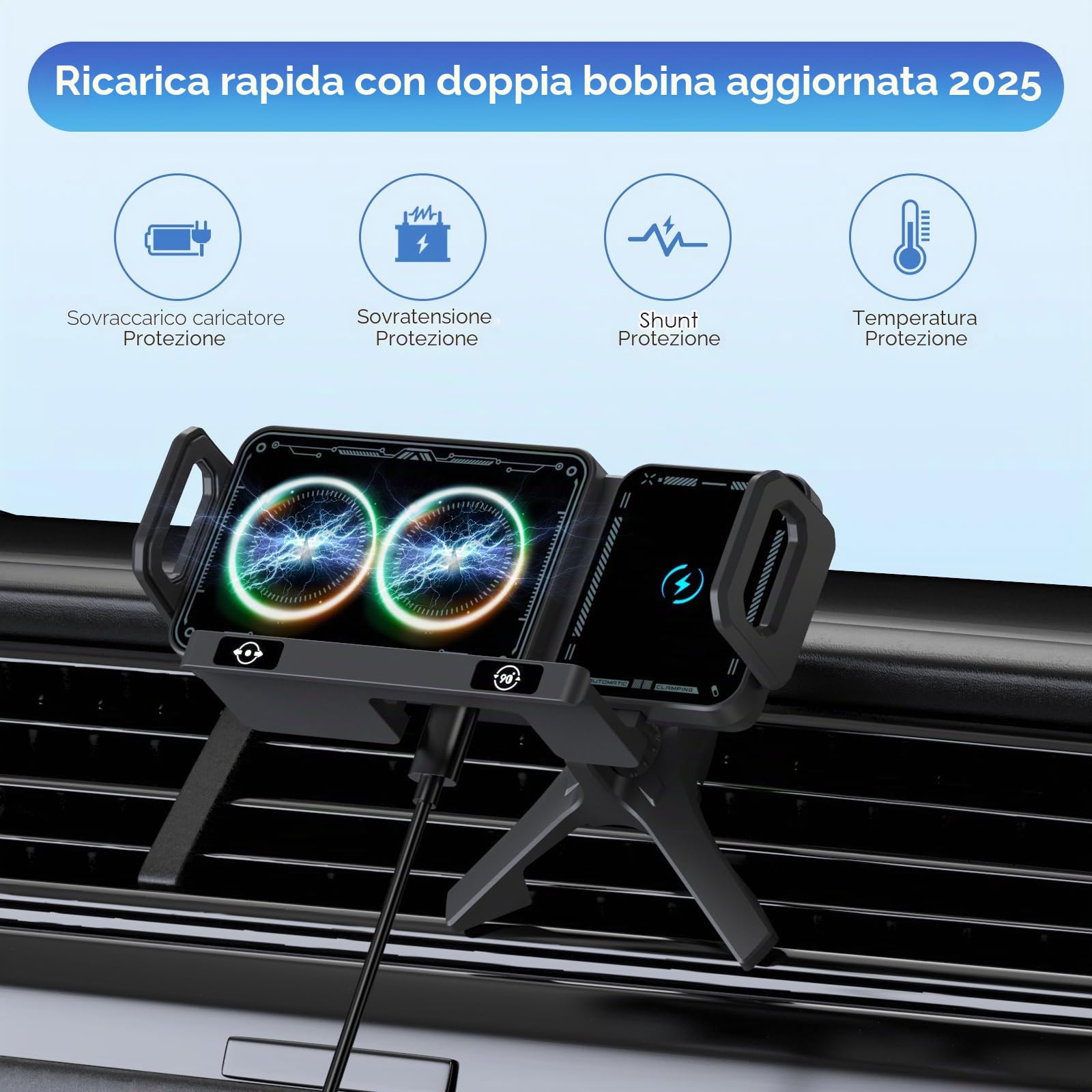Supporto per cellulare auto per Galaxy Z Fold 6 5 4 3 2 con funzione di ricarica 15 W Dual Coils QC 3.0 Fast Wireless Charger Auto per Z Fold può ruotare automaticamente il supporto auto senza