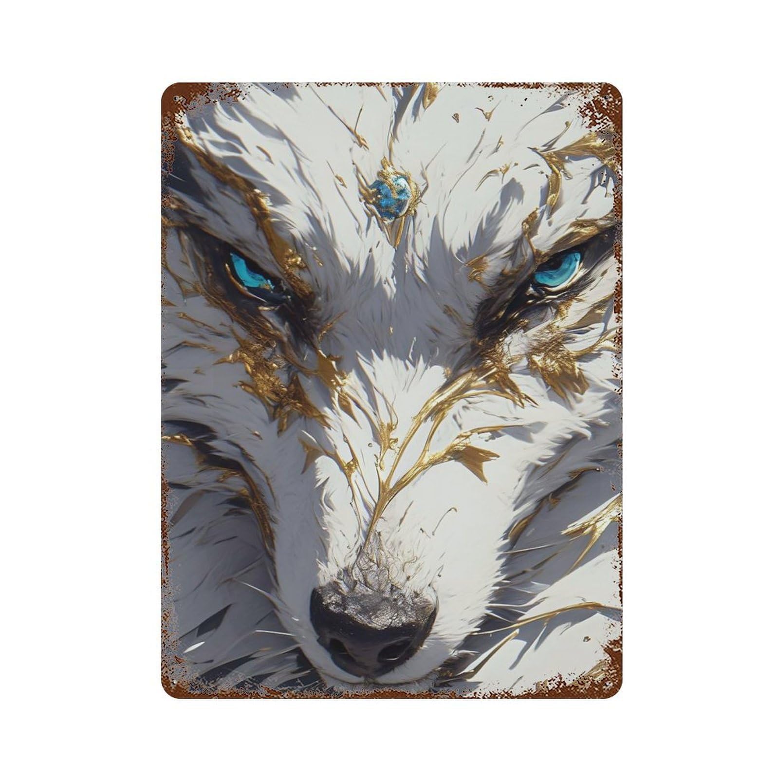 Weathered Tin Sign with White Wolf with Golden Accents Design 15.7"x11.8", for Office, Studio And Wall Decor, Retro Wall Decor
