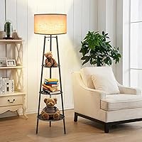 Vista 10 de 2 lámparas de pie negras con estantes para sala de estar, lámpara de pie, lámpara alta, Amparas elegantes para sala con pantalla de lino, lámpara