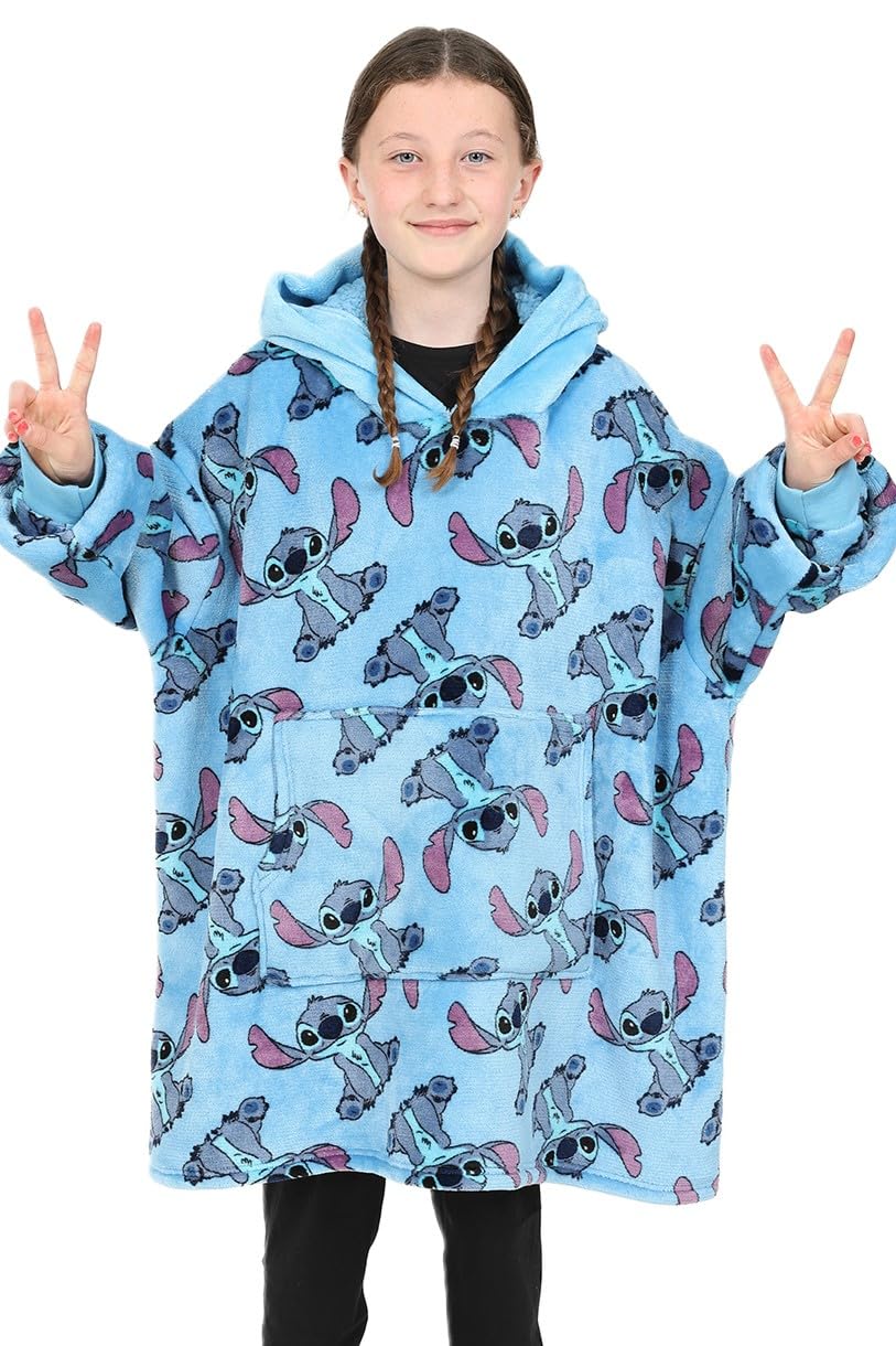 Lilo and Stitch Girls Blue Hoodie, Oversized Fleece Blanket Hoody