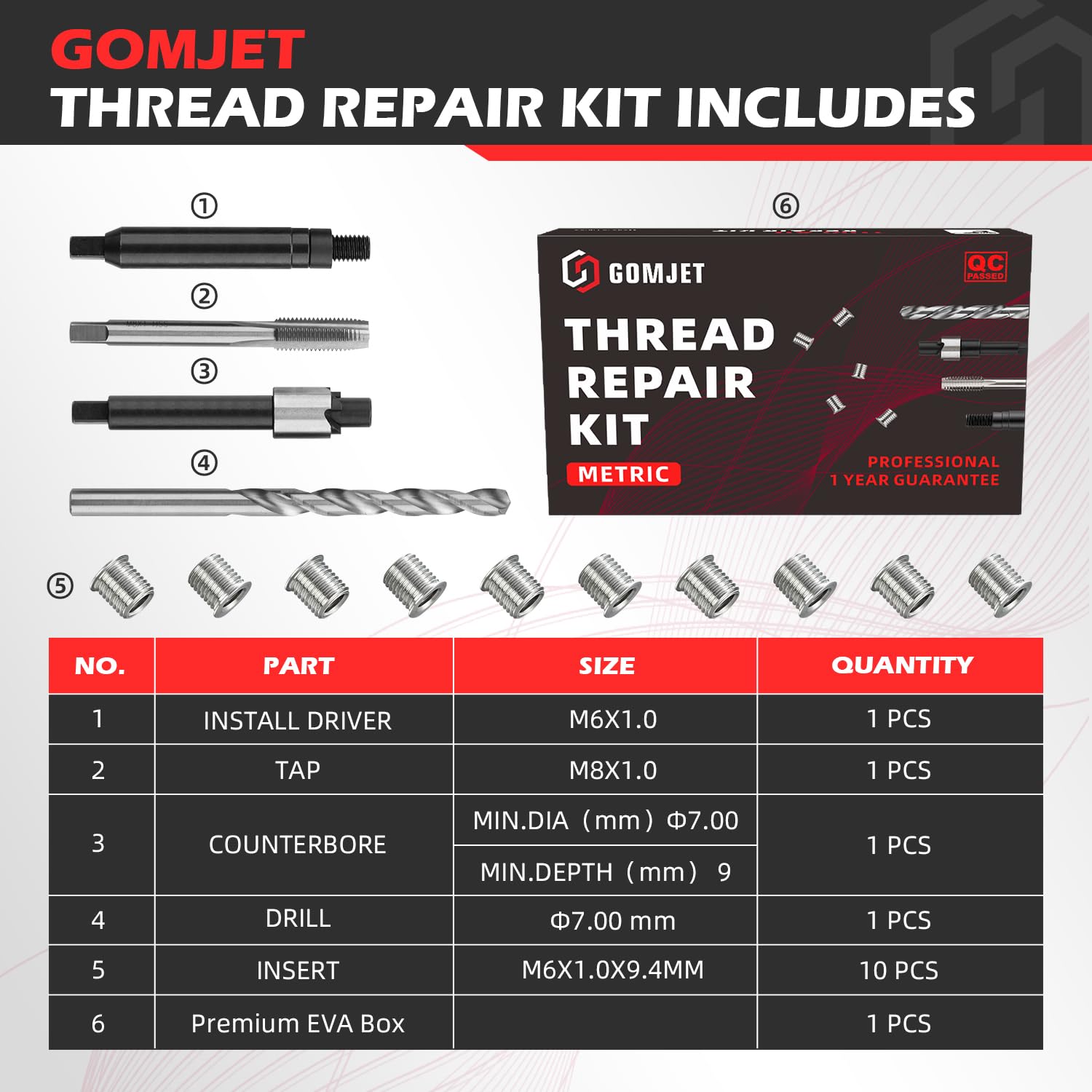 Kit de reparación de rosca métrica M6X1.0, con inserto de acero inoxidable M6X1.0X9.4 mm, 10 unidades