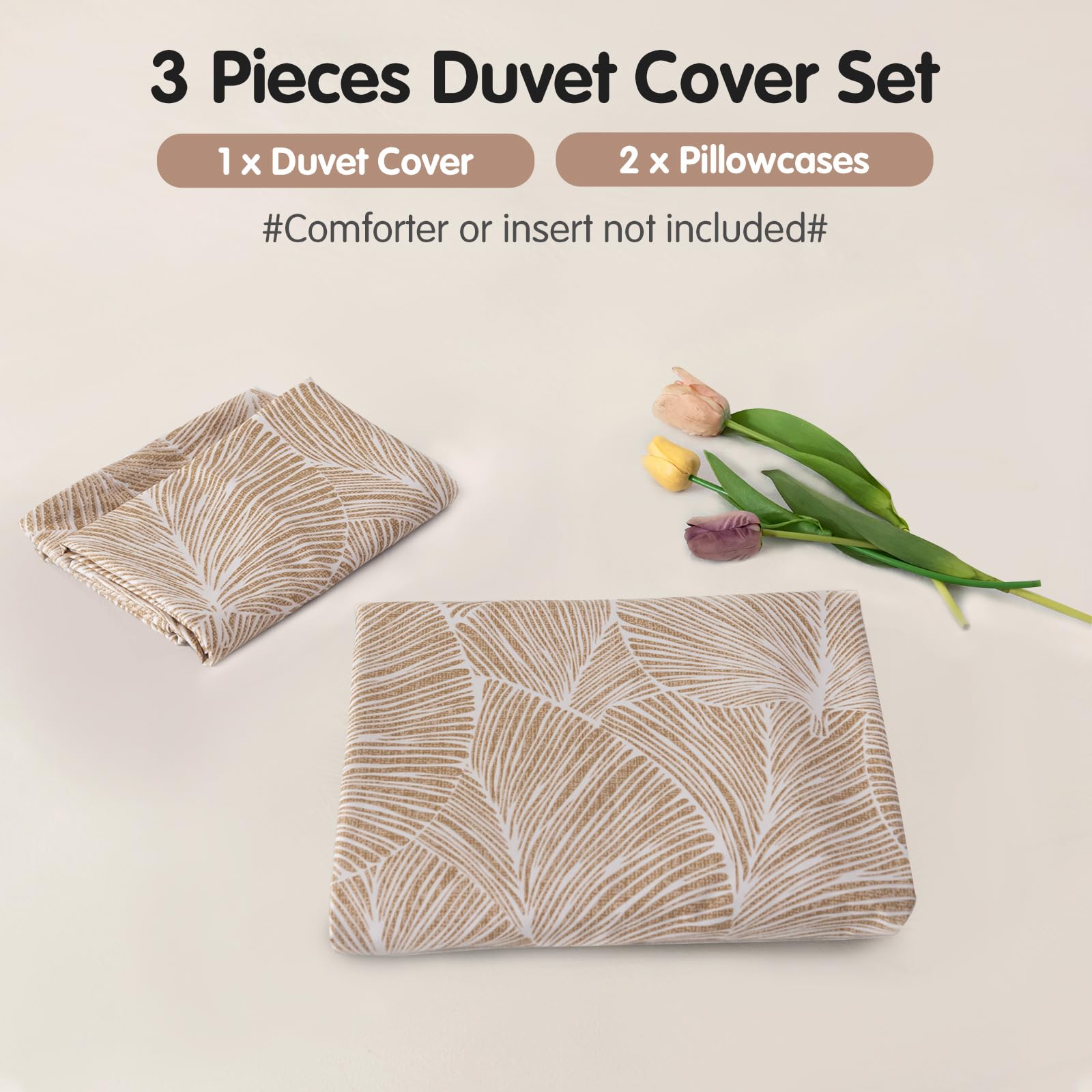 Tokokimo Bettwäsche-Set für Doppelbett 240 x 220 cm mit 2 Ringen 50 x 80 cm – Motiv tropische Blätter – Bettwäsche 220 x 240 cm – Bettbezug mit Reißverschluss, Khaki