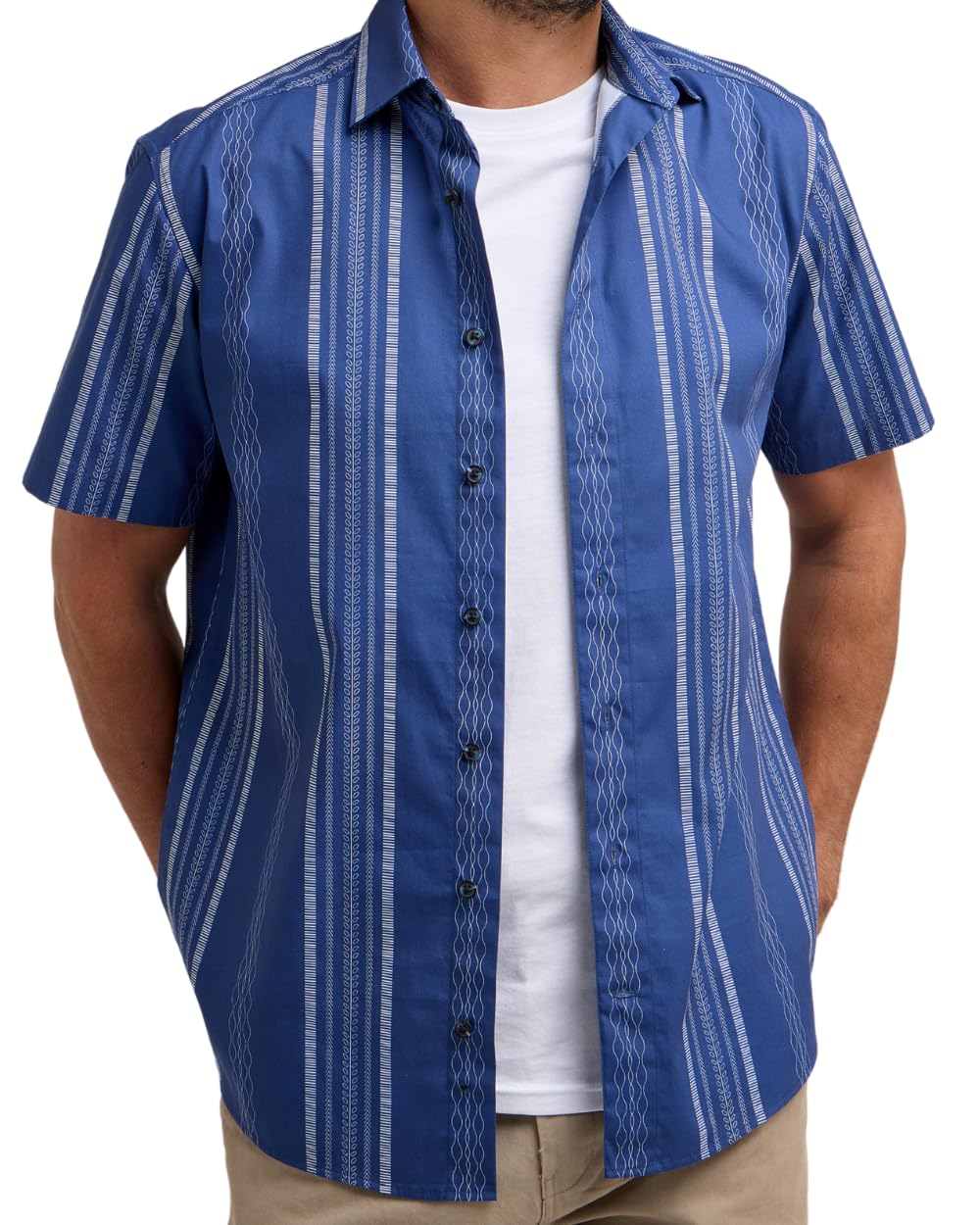 Double TWO Men's Short Sleeve Shirt Cotton Classic Fit Geometric Stripe Print Shirt | Navy | M
