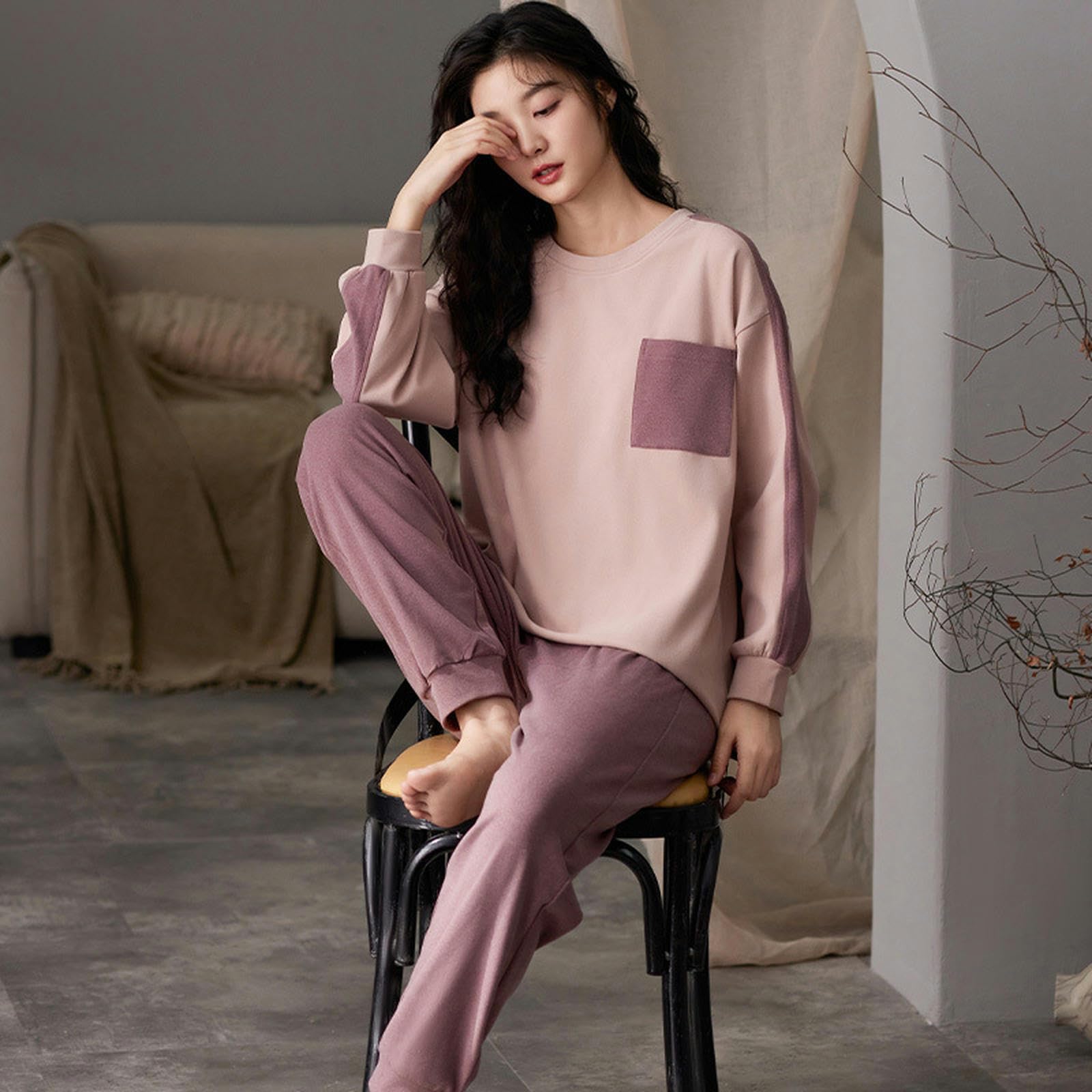 Pigiama Donna Set Pigiama da Donna A Maniche Lunghe - Autunno Inverno Caldo Girocollo Pullover Casual da Casa E Abbigliamento Esterno-d-m