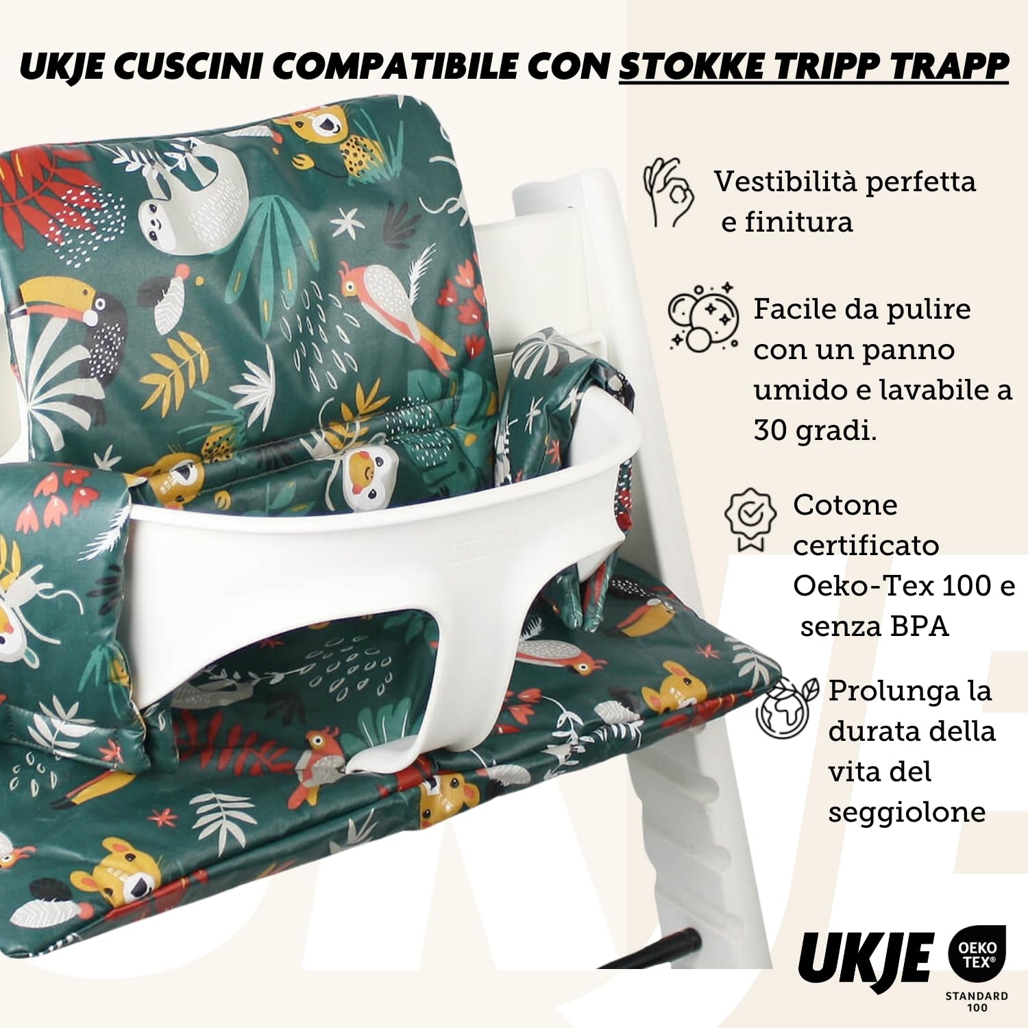 UKJE Cuscino compatibile con Stokke Tripp Trapp, Morbido inserto seduta per neonati e bambini, imbottitura confortevole, facile da installare e pulire, accessorio seggiolone universale, Verde Scimmie - 3