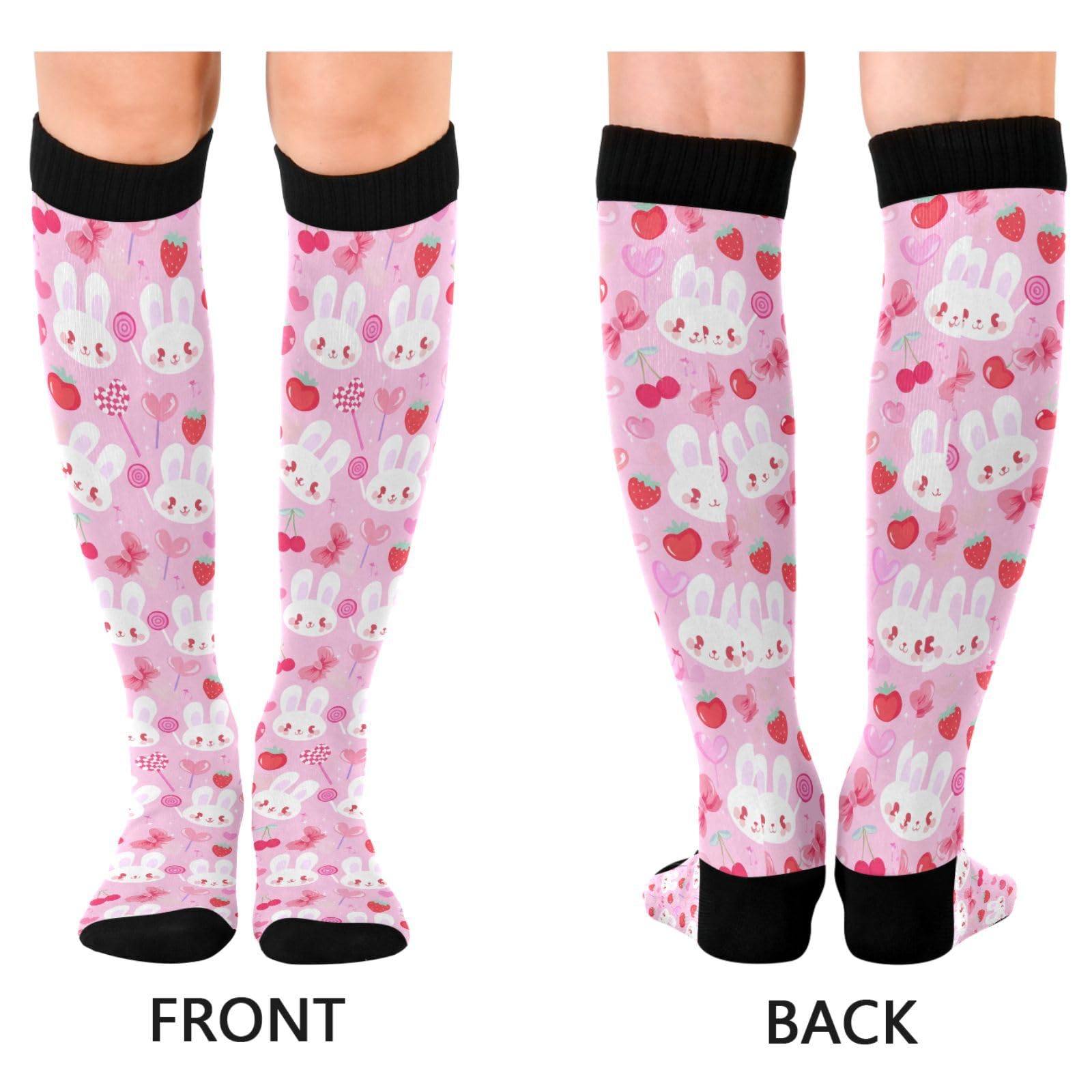 Wassud Bunny with Strawberry Compression Socks for Women and Men 20-30 mmHg Knee High Socks for Nurses Travel Socks 1 Pair