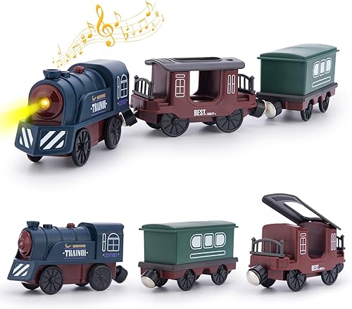 Tren a pilas para pista de tren de madera, tren motorizado con locomotora eléctrica magnética con luz y sonido para niños pequeños y niñas de 3 a 5