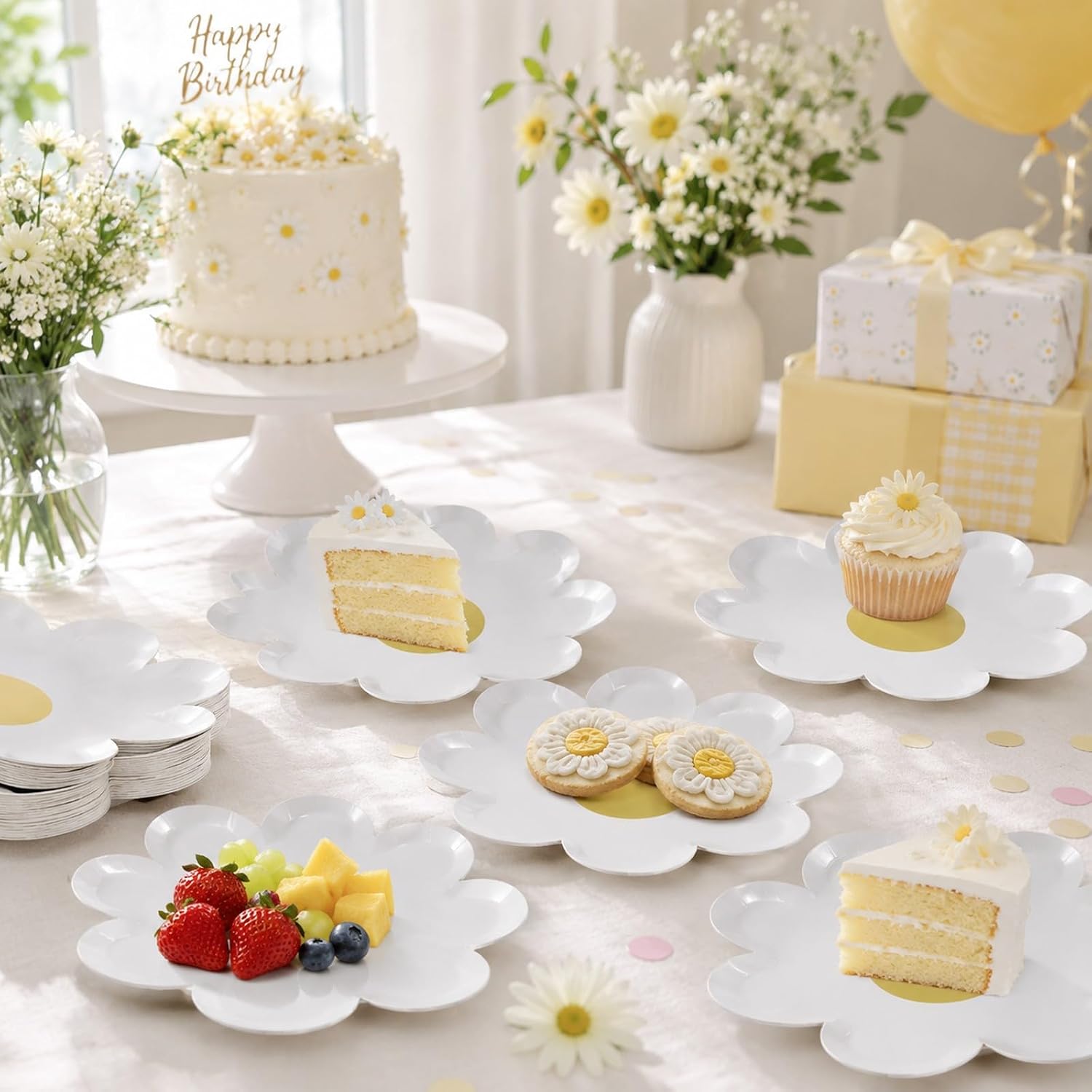 LUOZZY 20Pcs Flower Shape Plates Disposable Daisy Plates Daisy Flower Paper Plates for Birthday Baby Shower Wedding Party Supplies