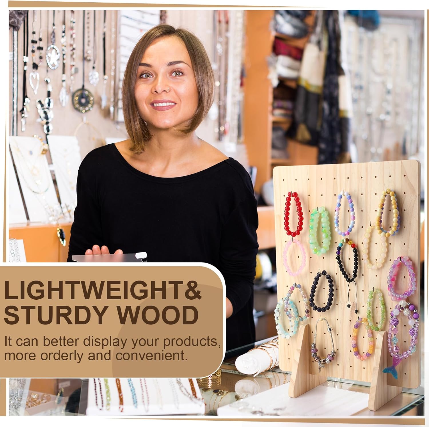 Colingmill 2 Pack Wooden Pegboard Display Stand for Keychain 16" x 12" Jewelry Rectangle Peg Board Tabletop Rack Organizer with 50 Hooks for Necklaces, Earrings, Craft Shows, Vendor Display(Wood)
