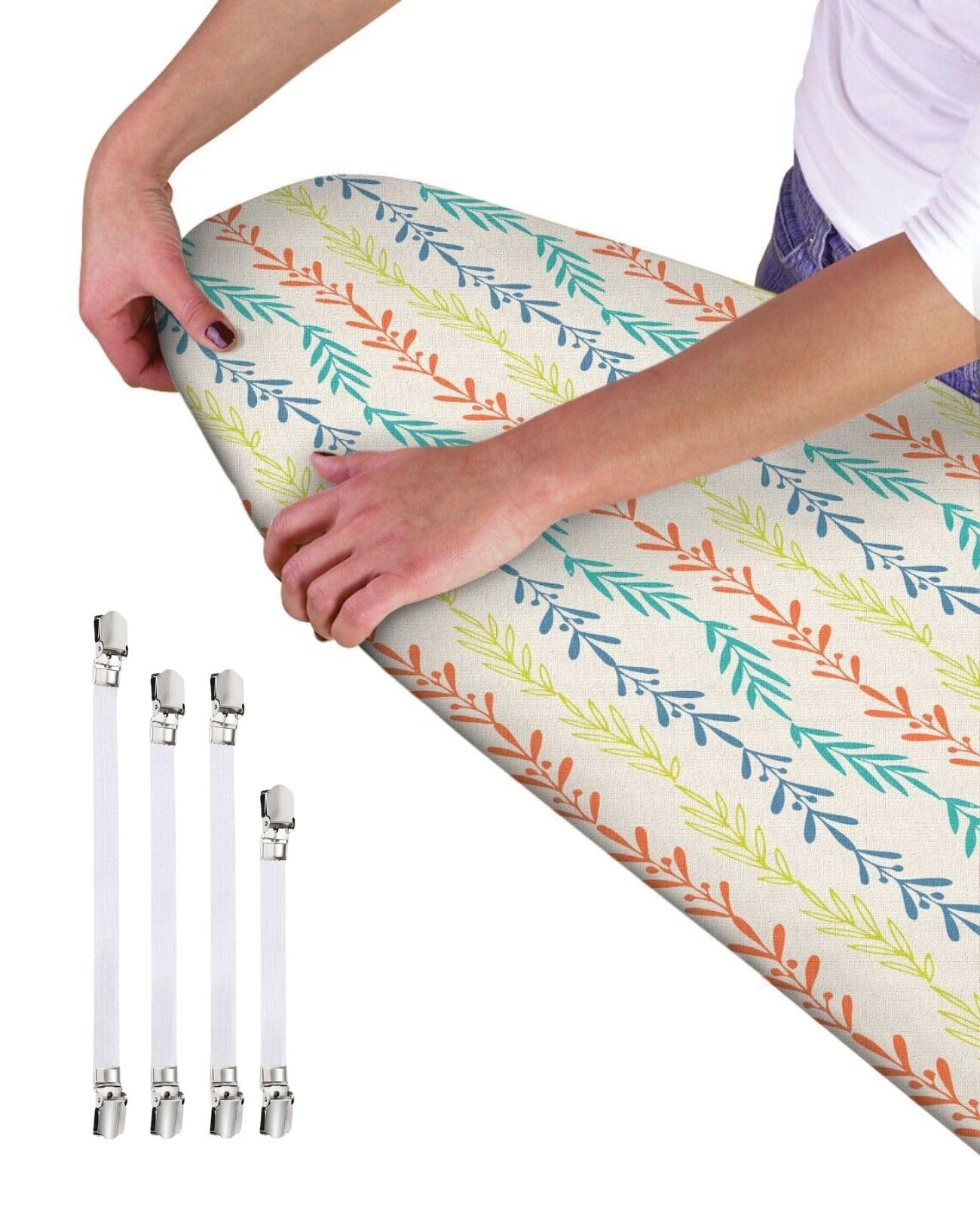 Ironing Board Cover - Universal Fit - 120 x 40cm + 4 pack Ironing Board Fitting Clips (Multi-Vine Leaves)