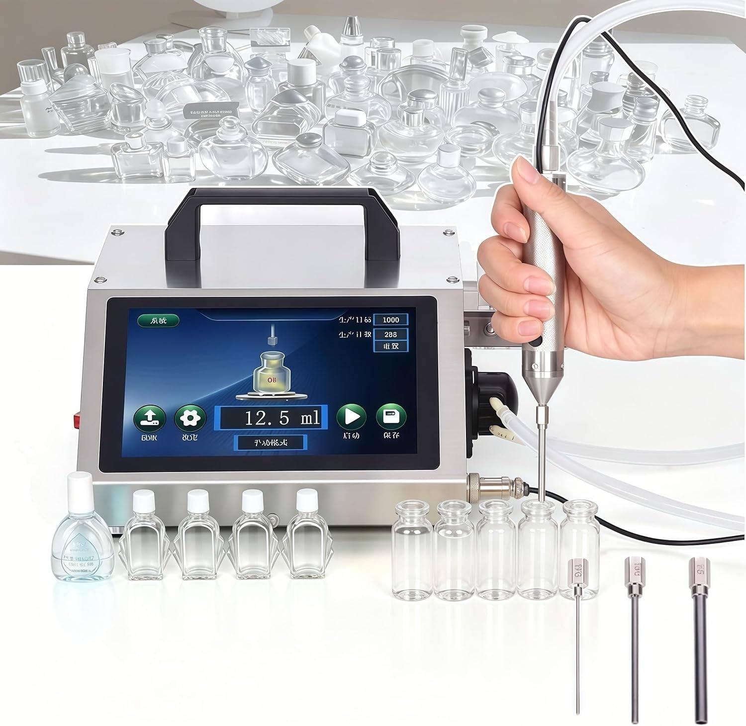 XUXIAO Automatic Liquid Filling Machine, Small Bottle Filling Machine, 100ml Capacity, Digital Touch Panel, Max 600ml/min, with Touch Panel, for Essential Oil, Perfume HD1380